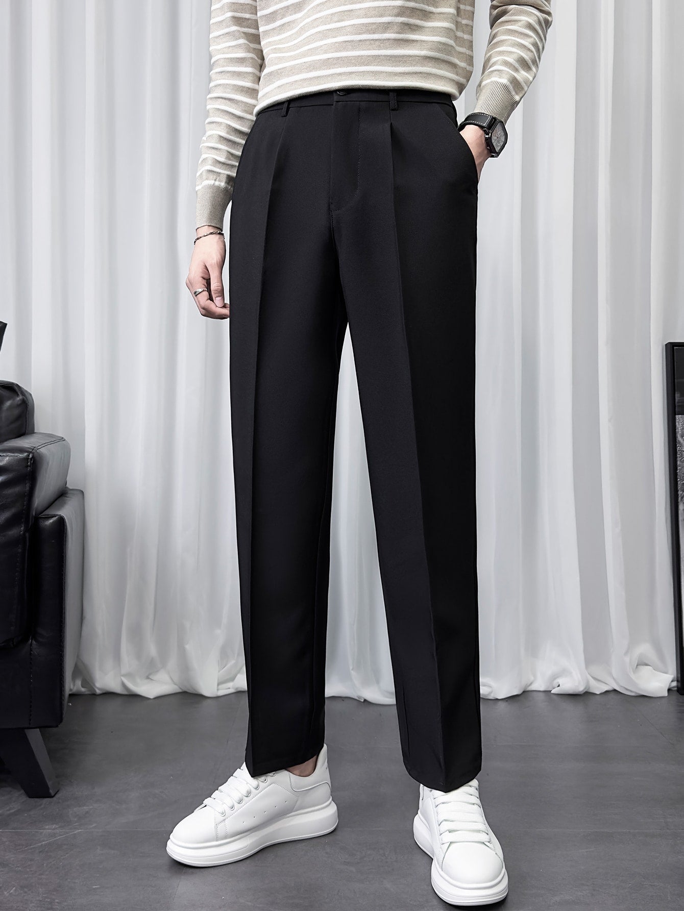 Men Fold Pleated Slant Pocket Suit Pants