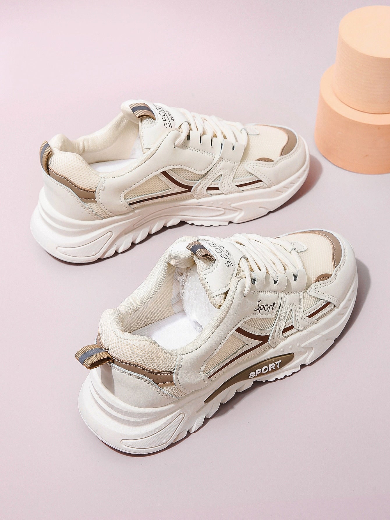 Women's Stylish Round Toe Comfortable Thick-soled Sneakers With Lace-up, Ladies' Beige Walking Shoes