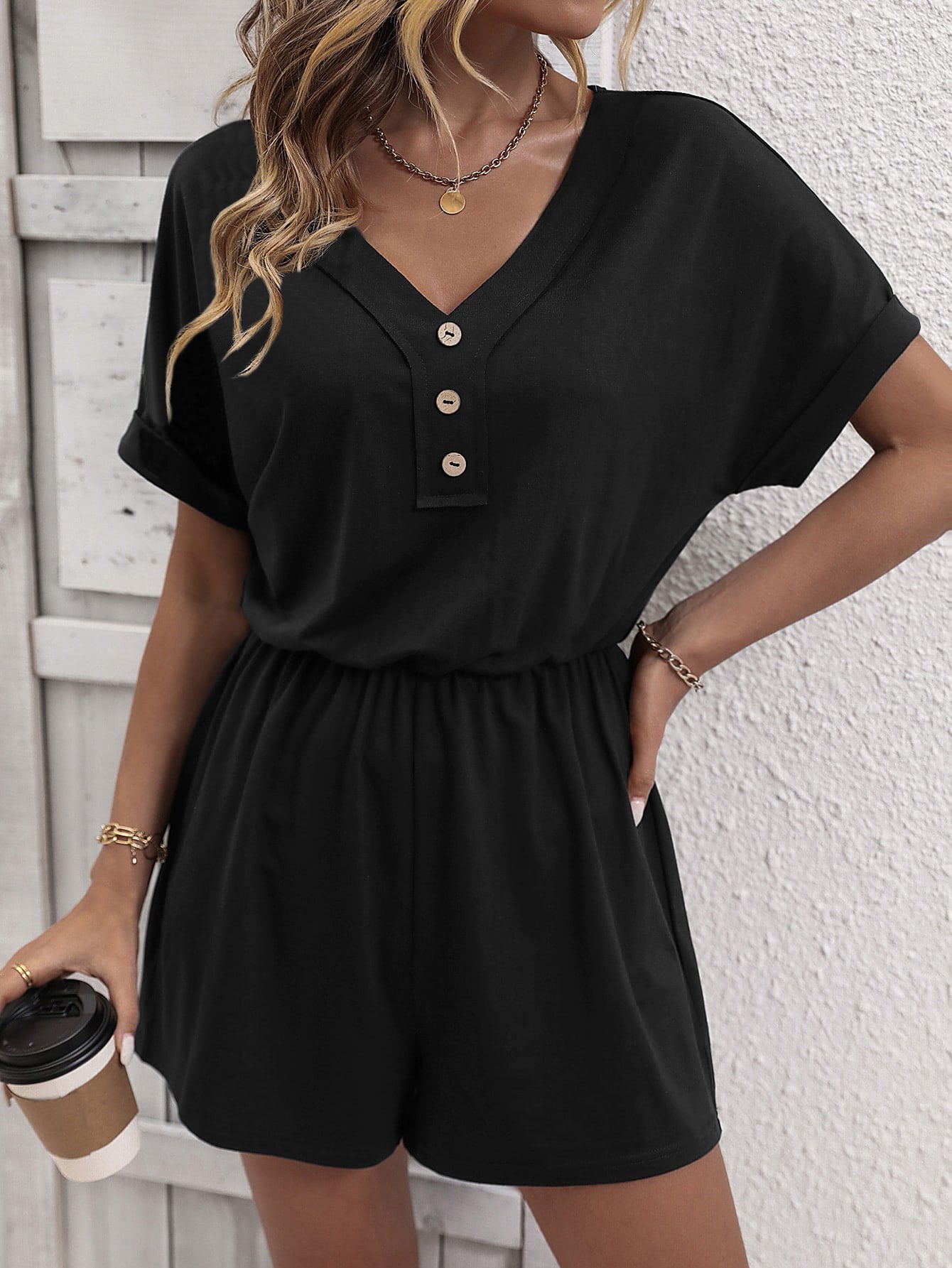 LUNE Solid Button Front Tee Romper