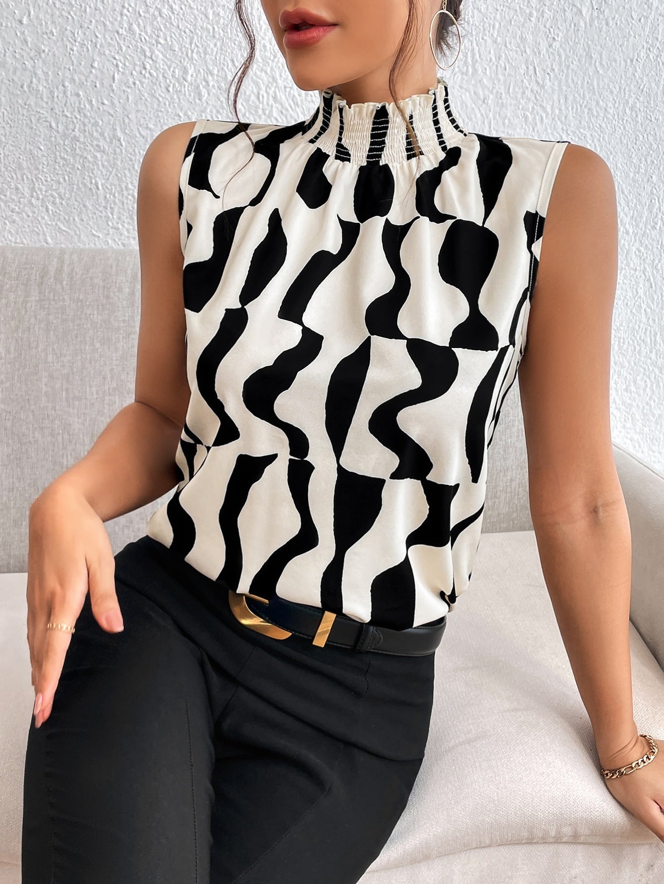 Privé Allover Print Mock Neck Sleeveless Blouse