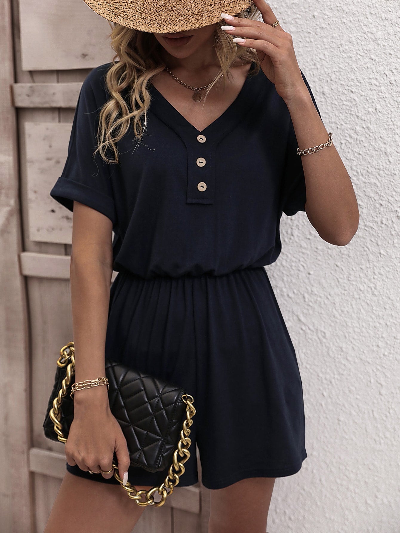 LUNE Solid Button Front Tee Romper