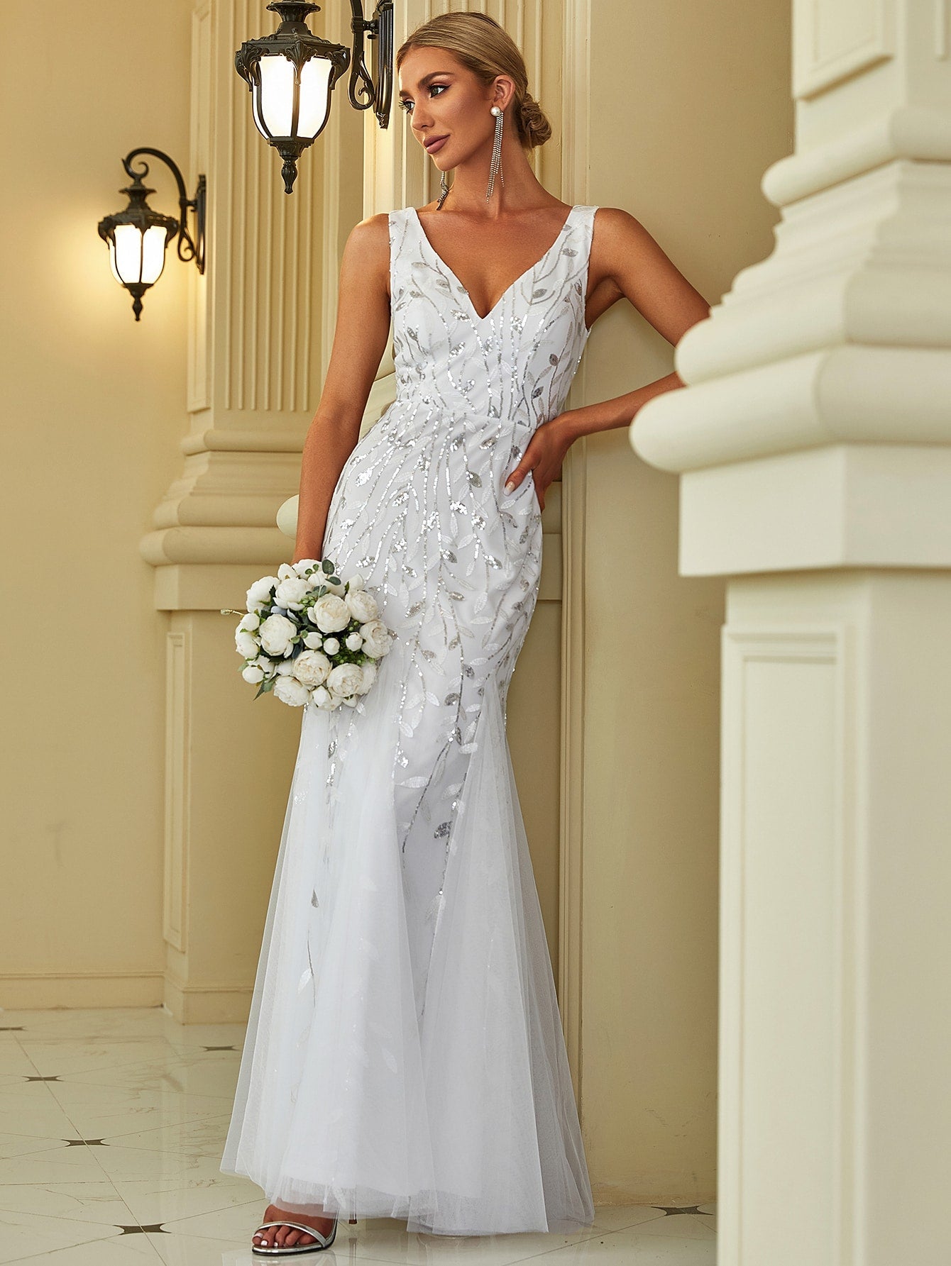 EVER-PRETTY Sequin Detail Mesh Mermaid Hem Wedding Dress