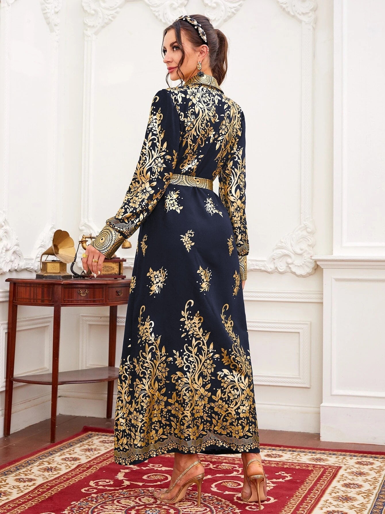 Najma Gold Floral Print Belted Kaftan