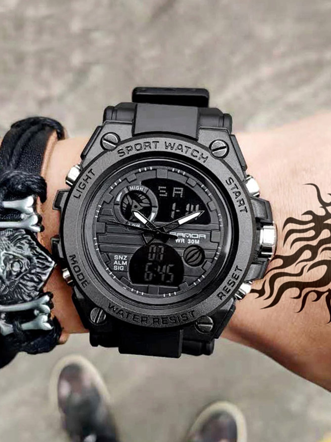 1pc Black TPU Strap Sporty Water Resistant Calendars Alarm Multi Time Zone Round Dial Digital Watch, For Daily Life