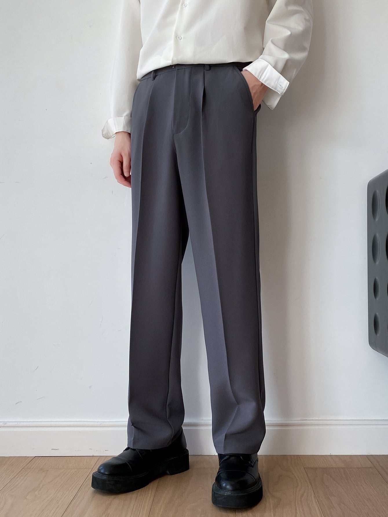 Men Fold Pleated Slant Pocket Suit Pants