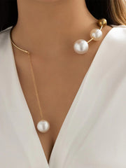 1pc Pearl Choker Necklace & 1pair Golden Metallic Circle Earrings Suitable For Women's Party Wear