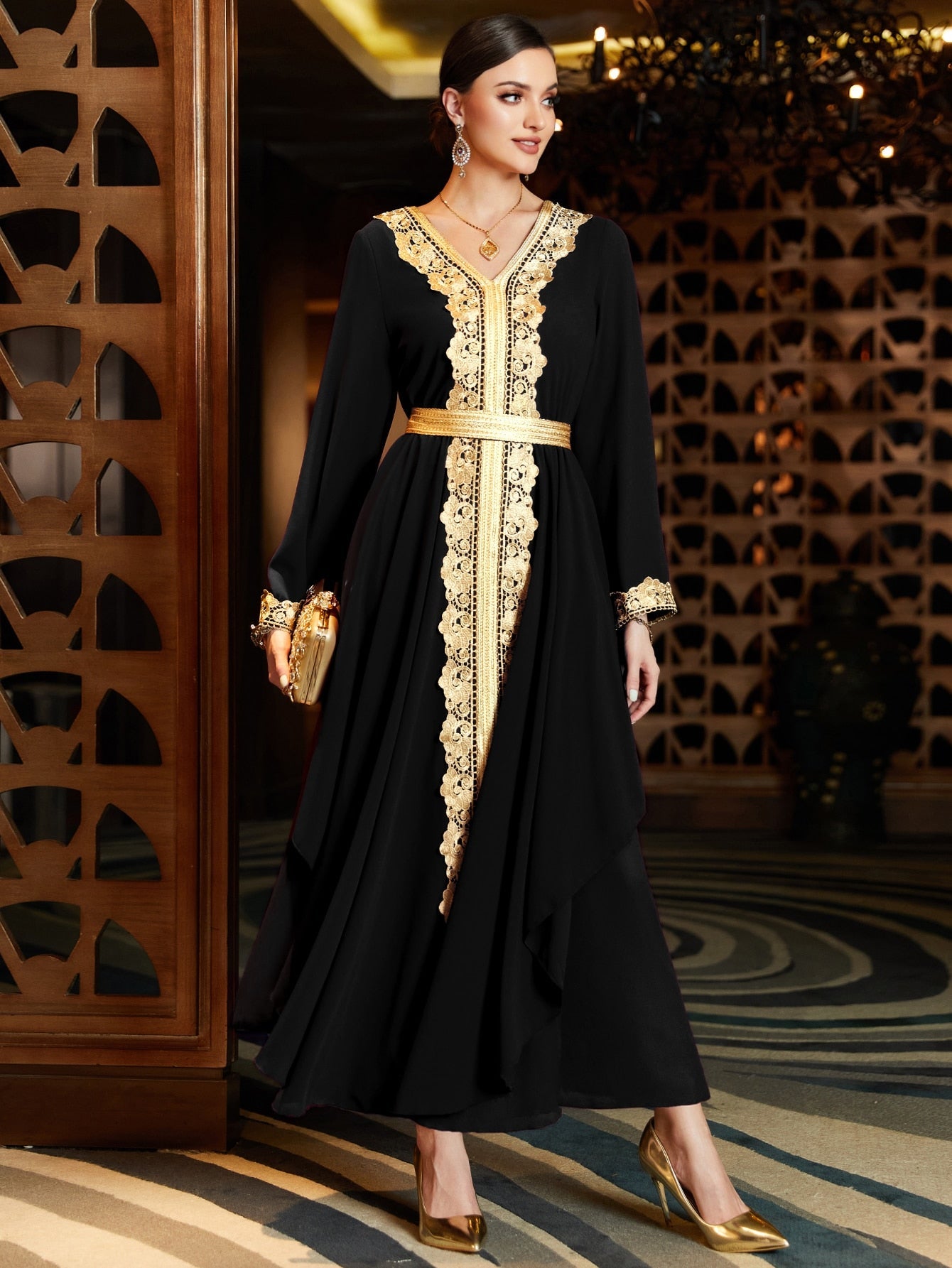 Najma Contrast Guipure Lace Belted Kaftan