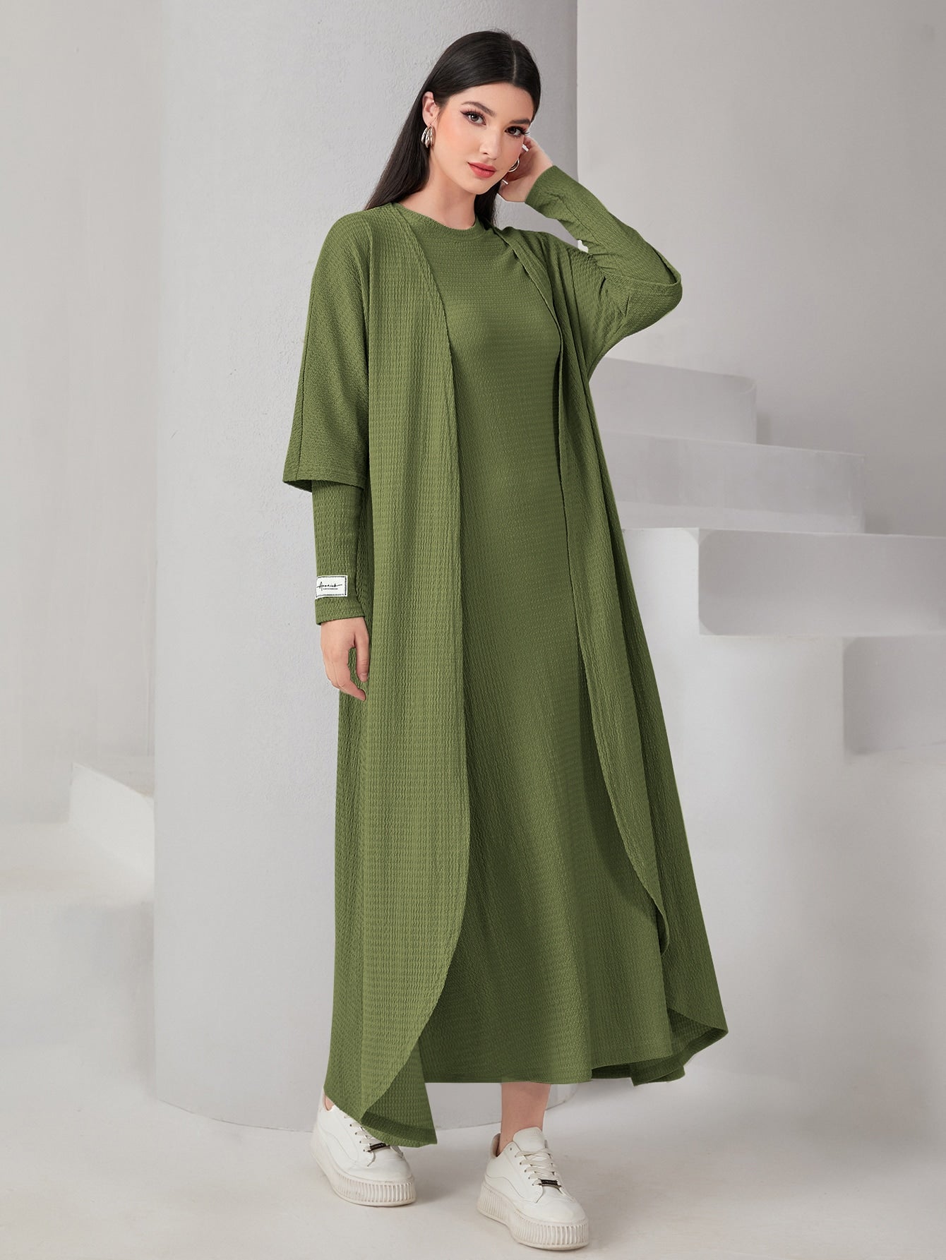 Mulvari Textured Knit Open Front Abaya & Dress