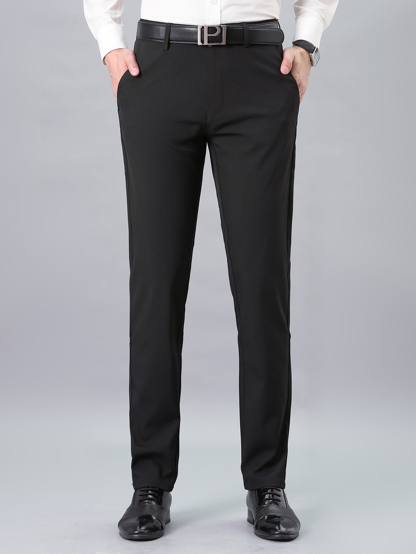 Men Solid Slant Pocket Suit Pants Without Belt