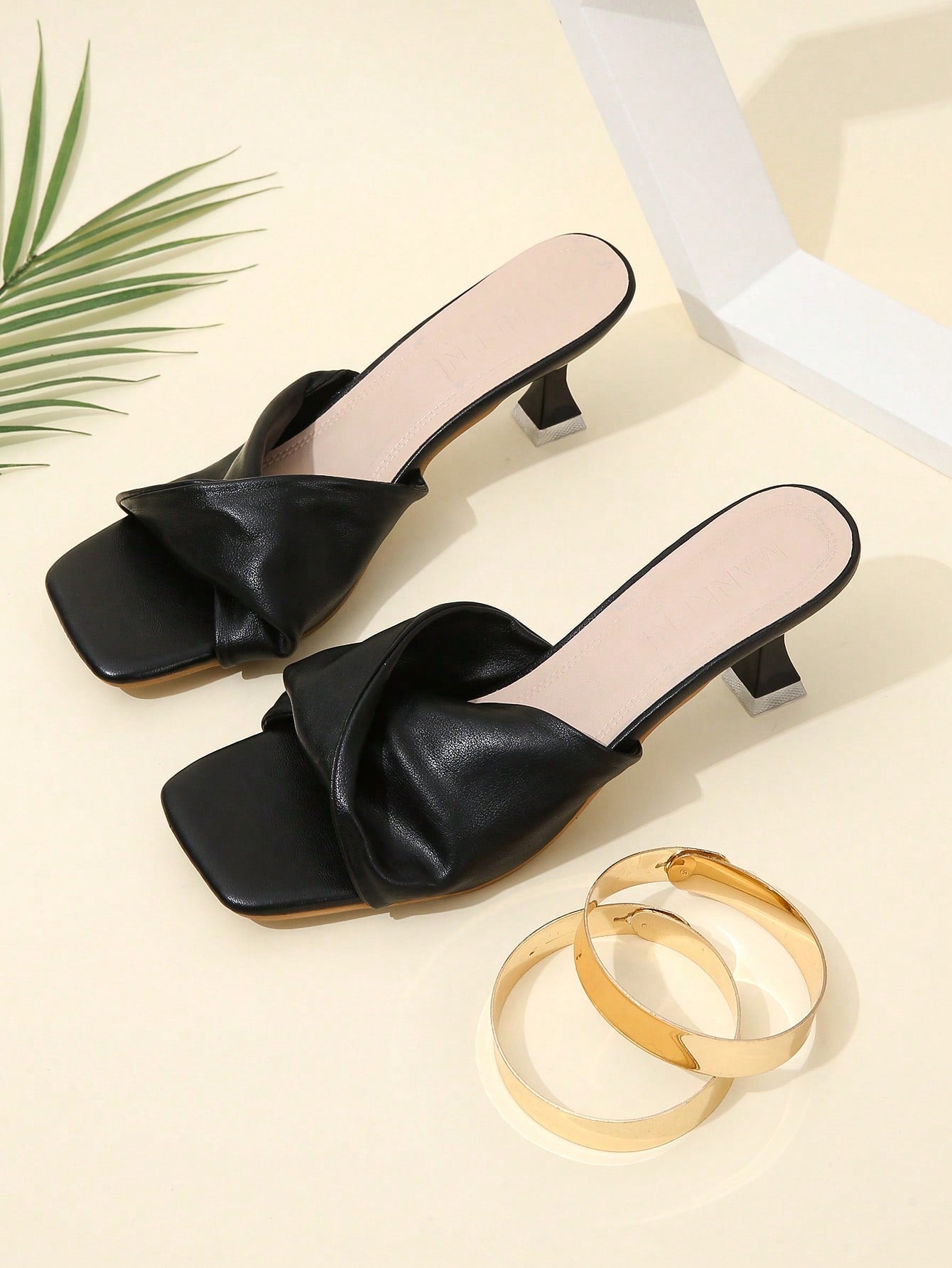 Women Twist Detail Pyramid Heeled Mule Sandals, Elegant Outdoor Heeled Sandals