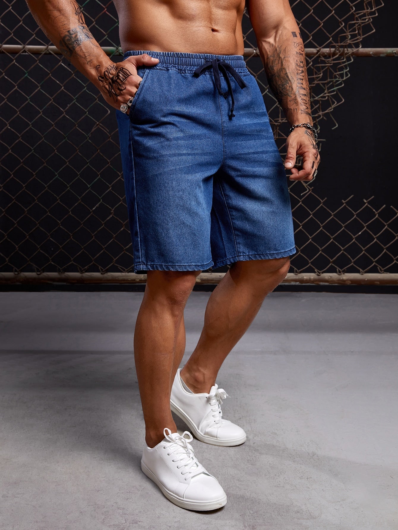 Manfinity Hypemode Men Cotton Drawstring Waist Denim Shorts