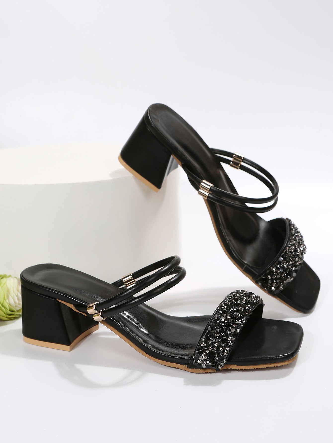 Glamorous Mule Sandals For Women, Rhinestone Decor Multi Strap Chunky Heeled Sandals