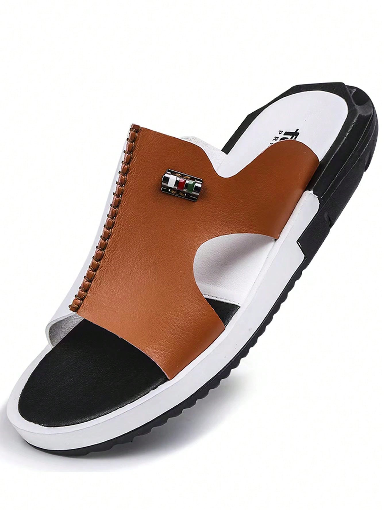 Men Two Tone Stitch Detail Slides, Outdoor Summer Slides