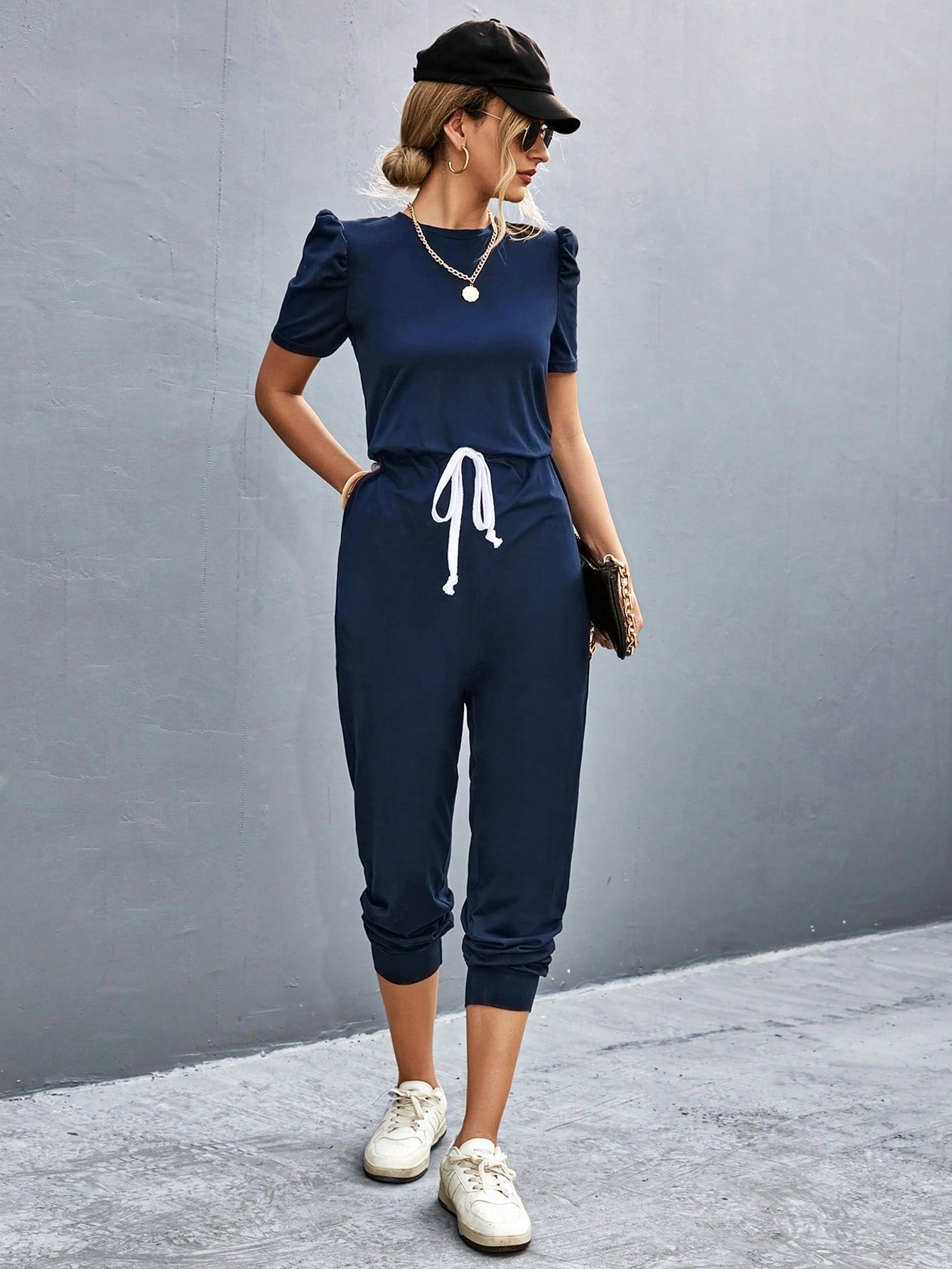 LUNE Puff Sleeve Knot Front Jumpsuit