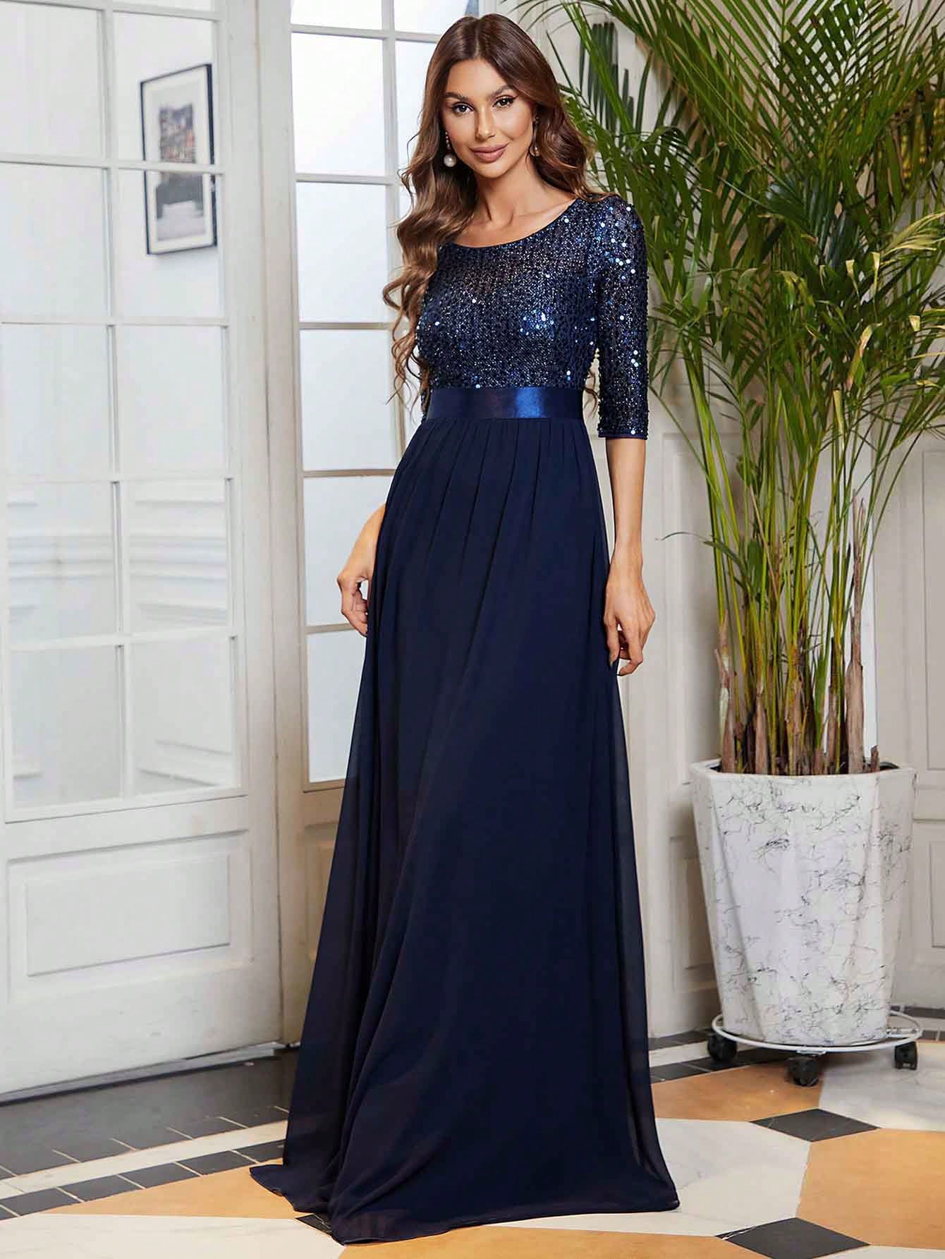 EVER-PRETTY Contrast Sequin Chiffon Formal Dress