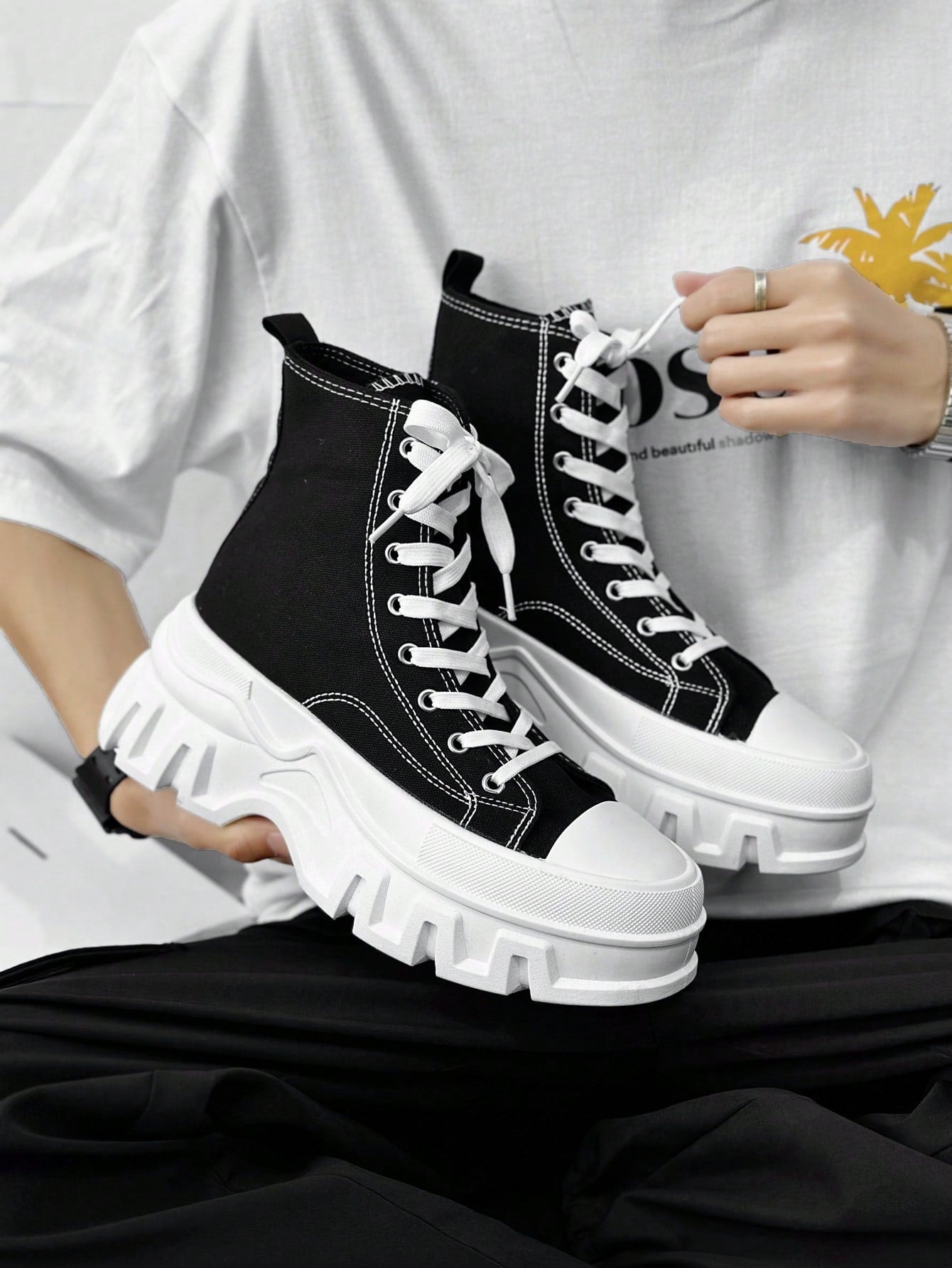 Men Two Tone Lace-up Front Sneakers, Sporty Outdoor Canvas Shoes