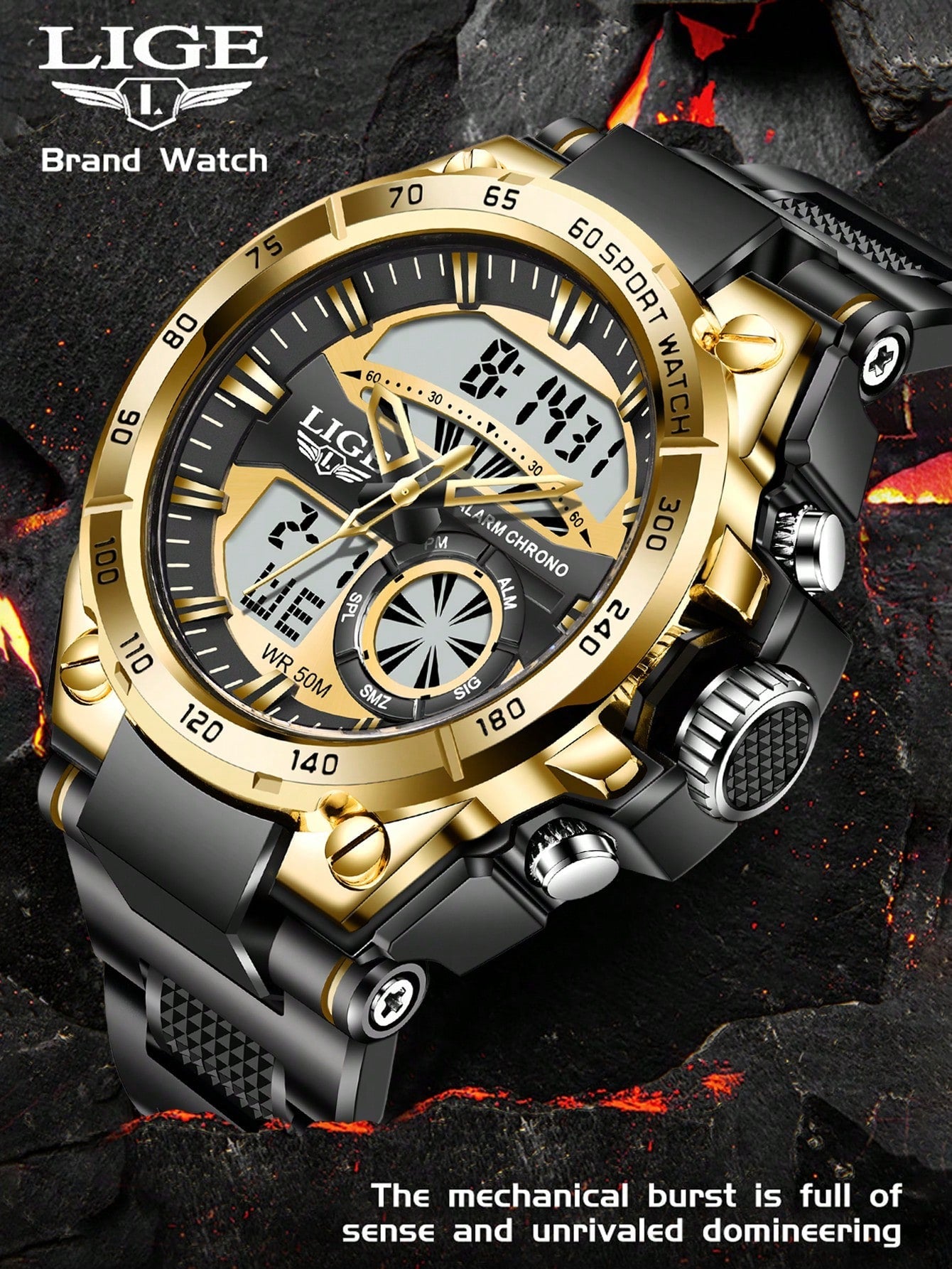 LIGE 1pc Black Silicone Strap Sporty Date 24 Hour Chronograph Round Dial Digital Watch, For Daily Life