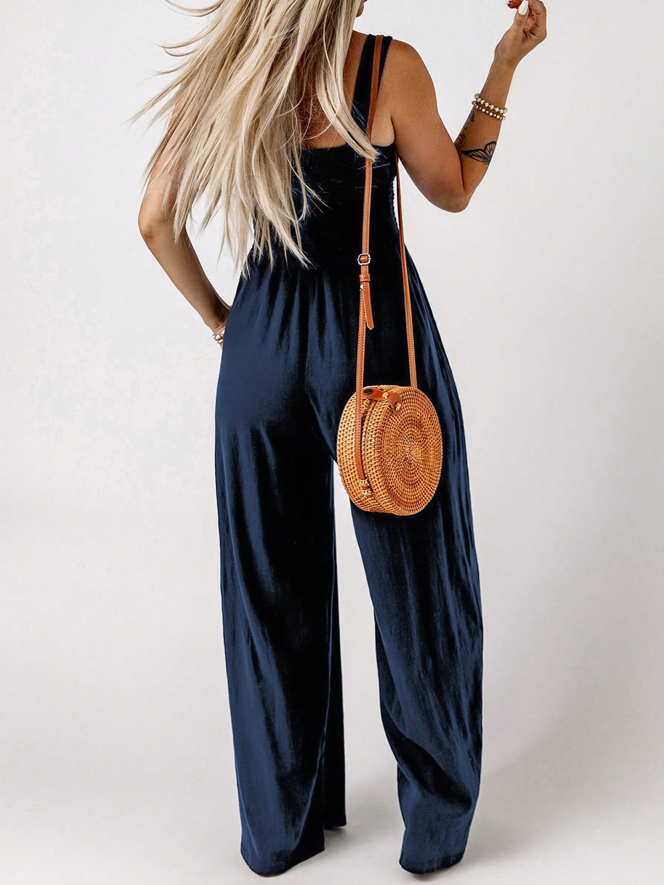 Acelitt Solid Slant Pocket Wide Leg Cami Jumpsuit