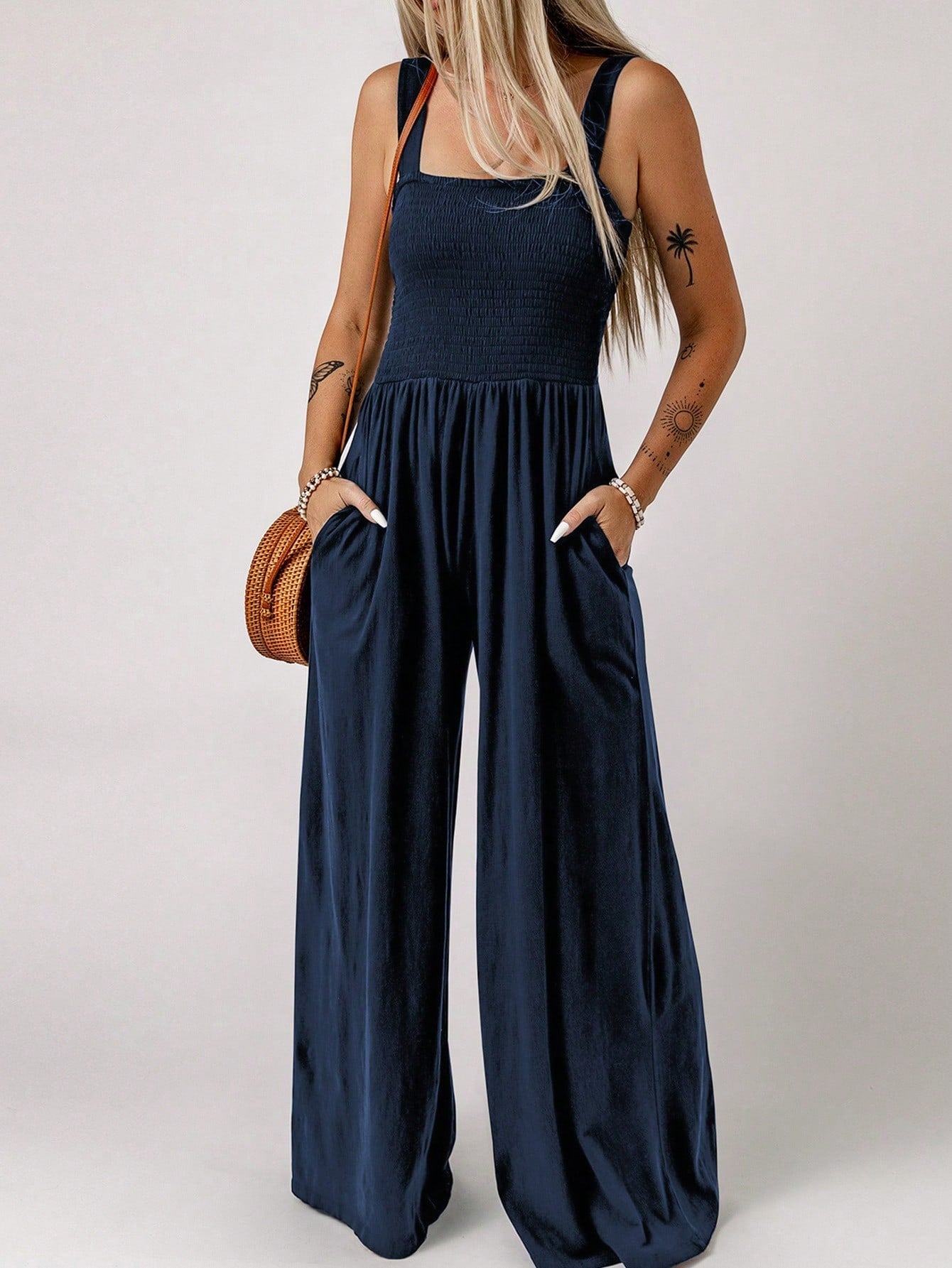 Acelitt Solid Slant Pocket Wide Leg Cami Jumpsuit