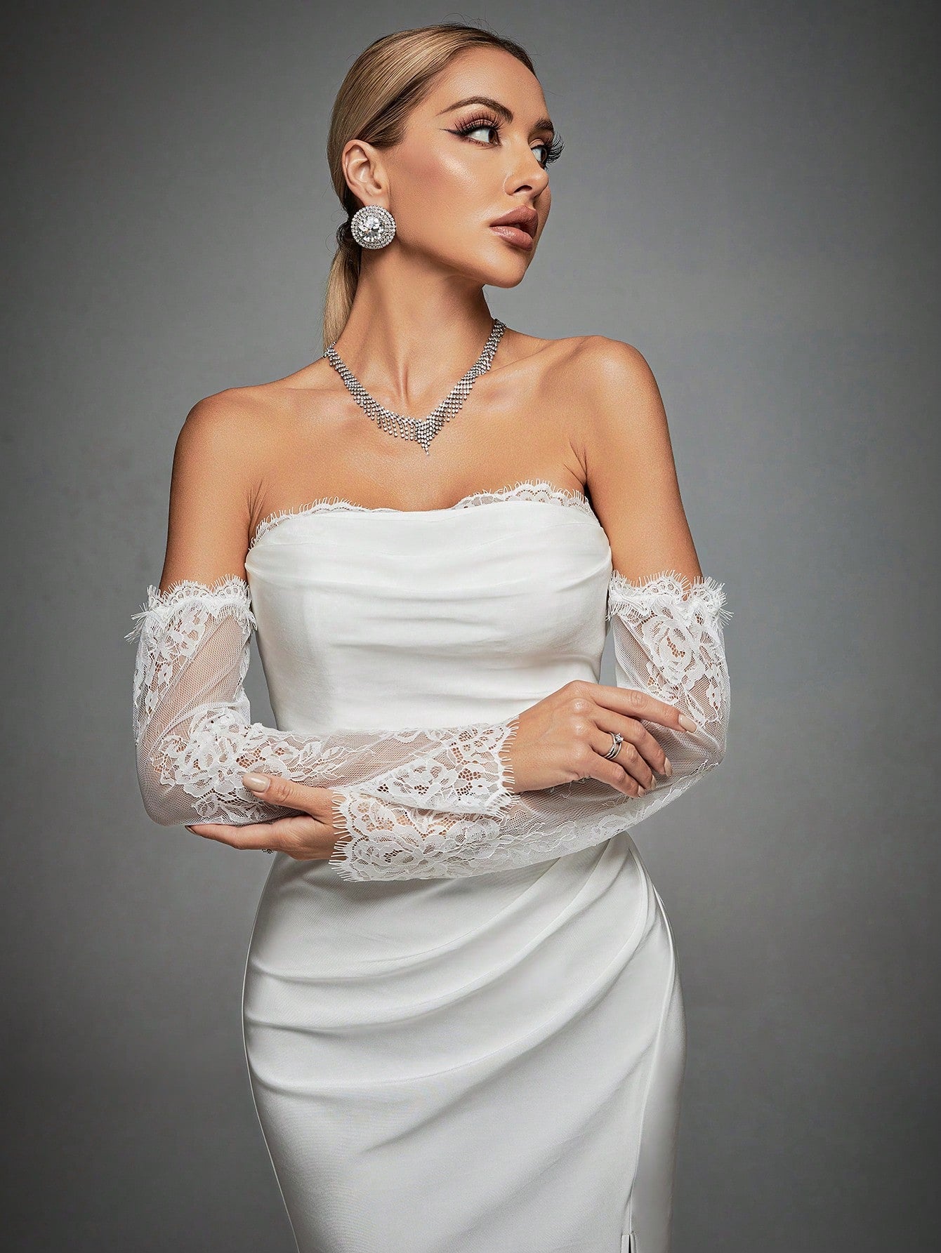 Off Shoulder Lace Panel Split Thigh Wedding Dress