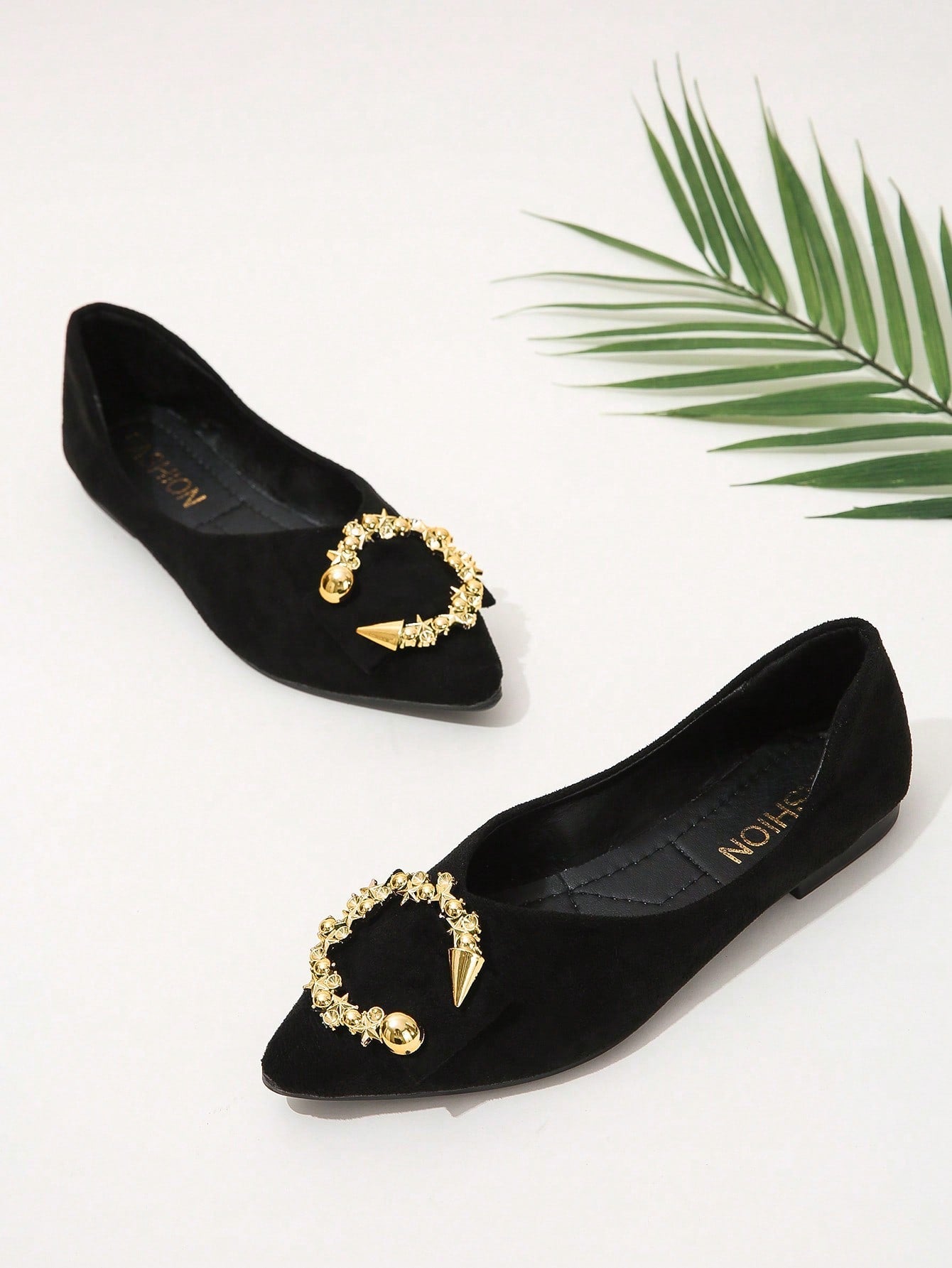 Women Black Faux Suede Metal Decor Point Toe Ballet Flats