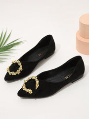 Women Black Faux Suede Metal Decor Point Toe Ballet Flats