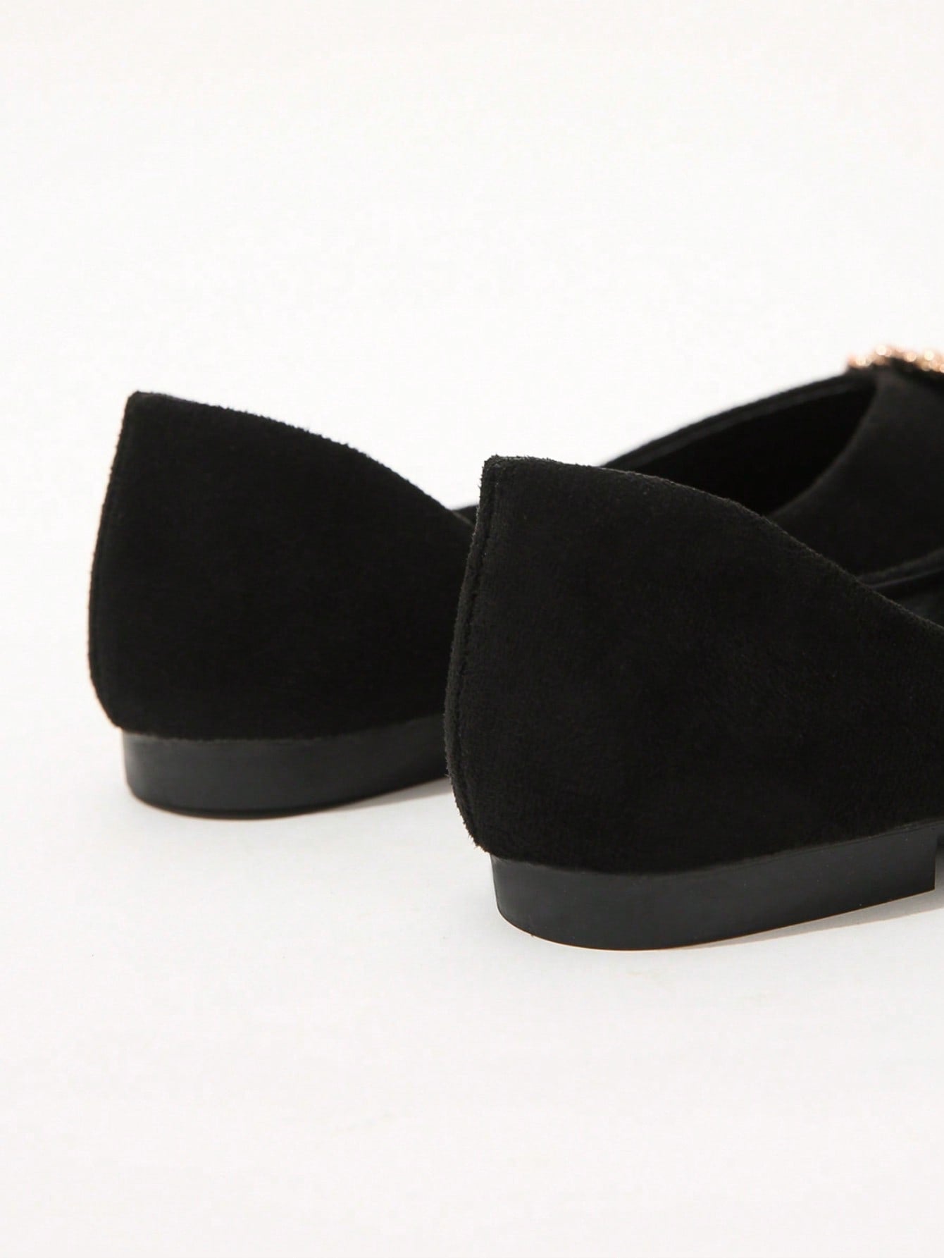 Women Black Faux Suede Metal Decor Point Toe Ballet Flats