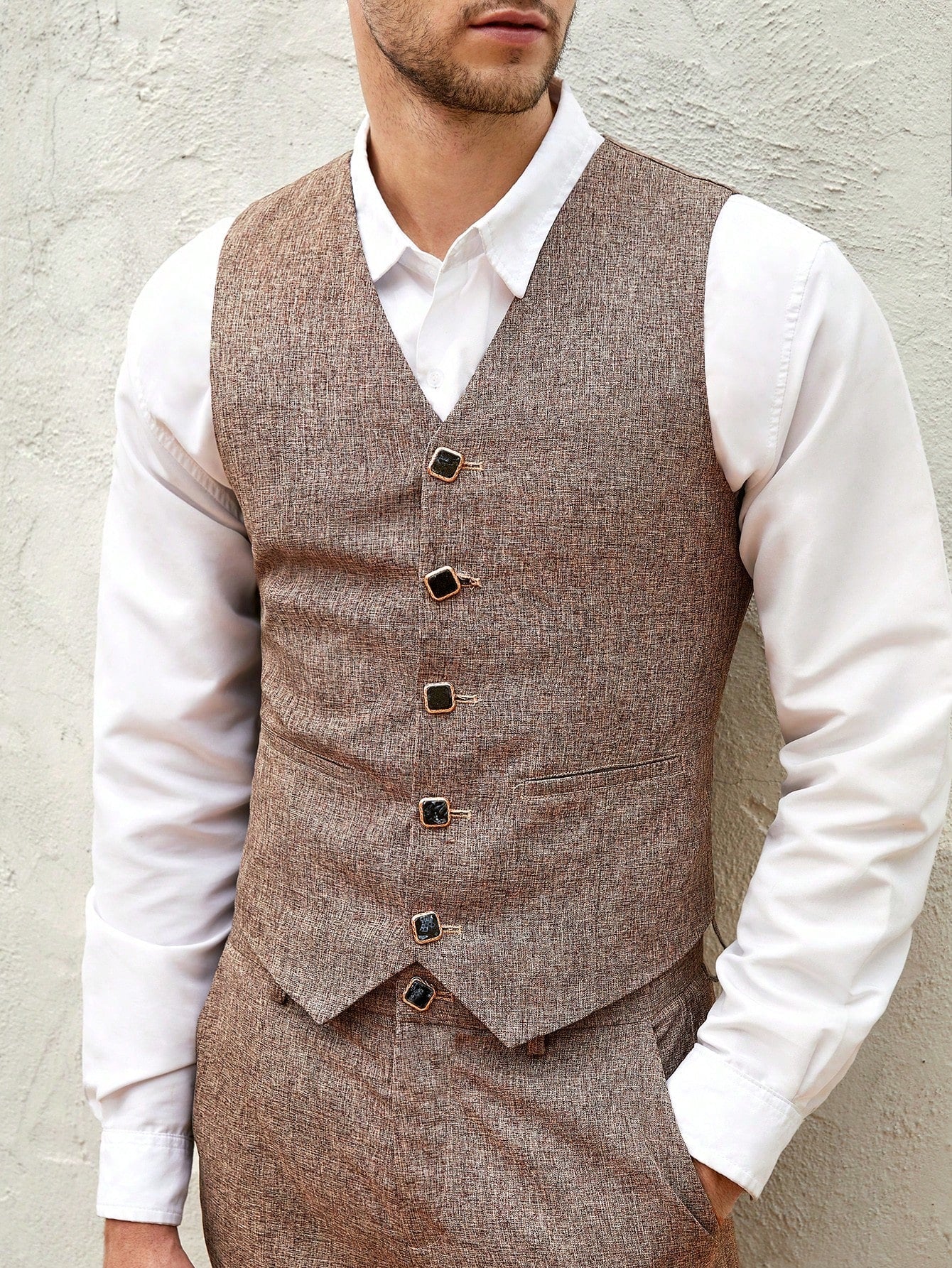 Manfinity Mode Men Linen Look Waistcoat & Suit Pants Without Shirt