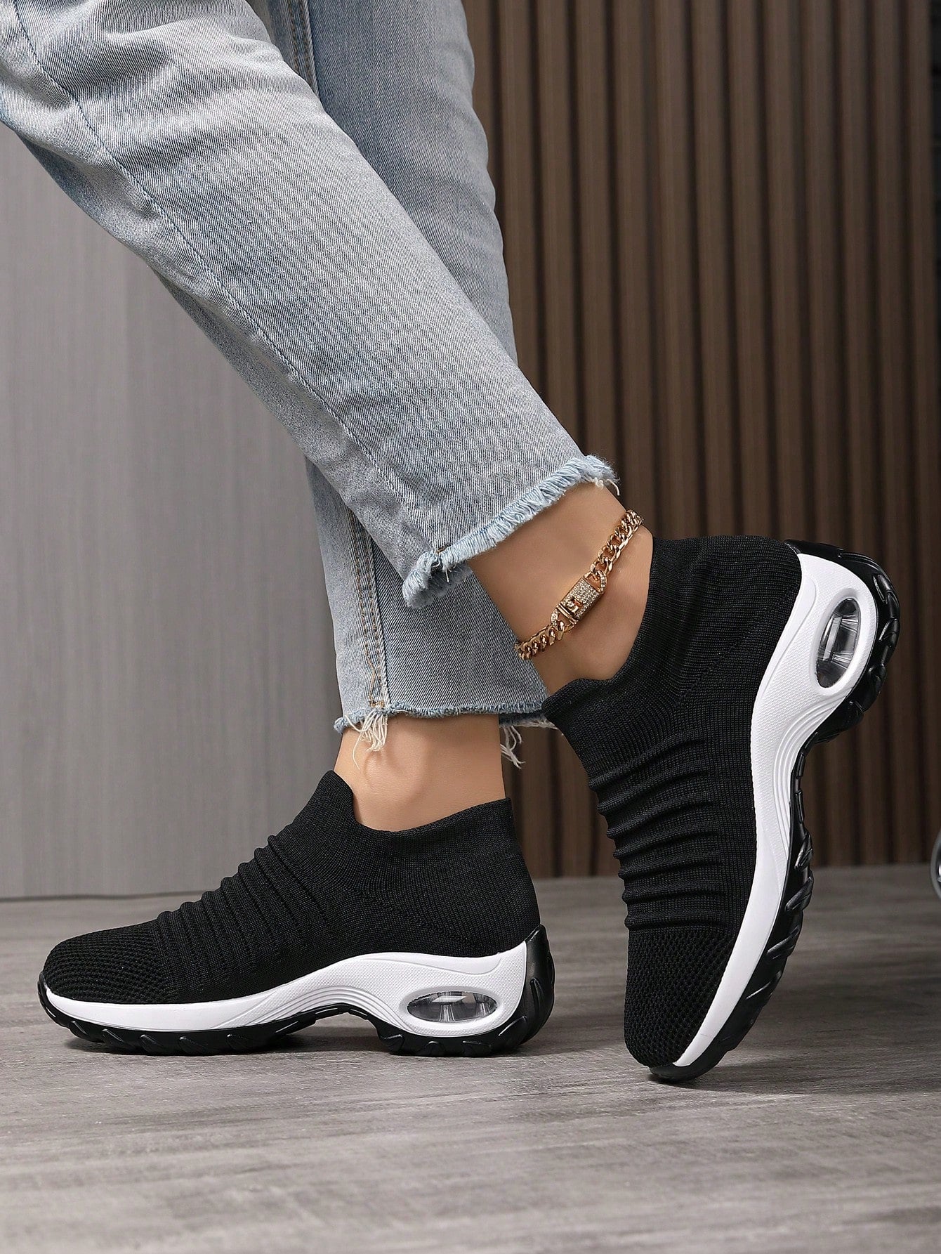 Women'S Breathable Knit Chunky Sneakers, Casual Slip On Air Cushion Shoes, Lightweight Low Top Sock Shoes