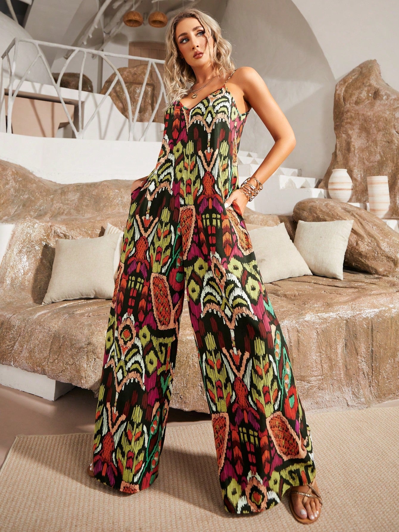 Allover Print Wide Leg Cami Jumpsuit