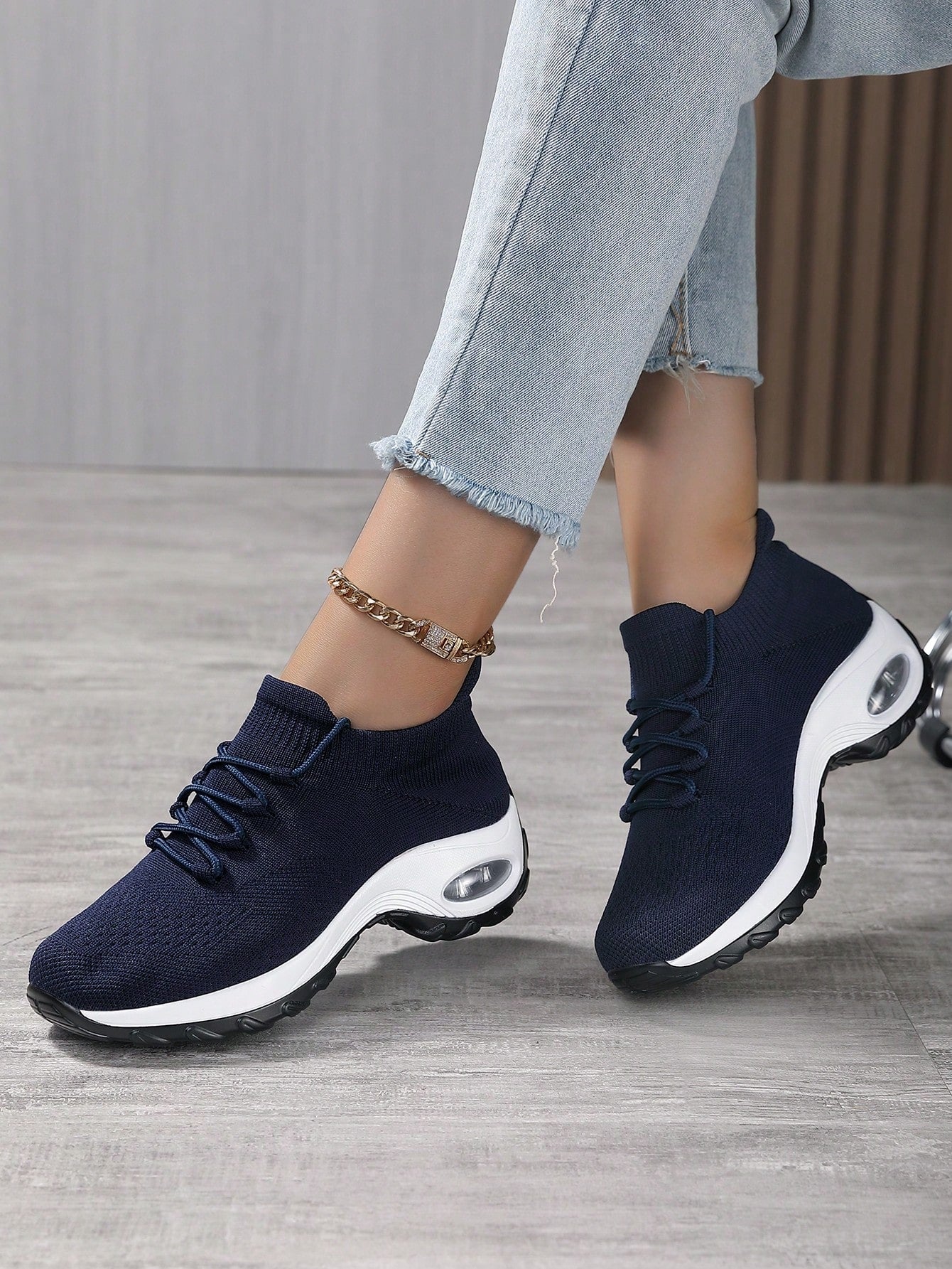 Women'S Lace-Up Knit Breathable Running Shoes, Non-Slip Platform Mesh Sneakers With Air Cushion, Women'S Footwear