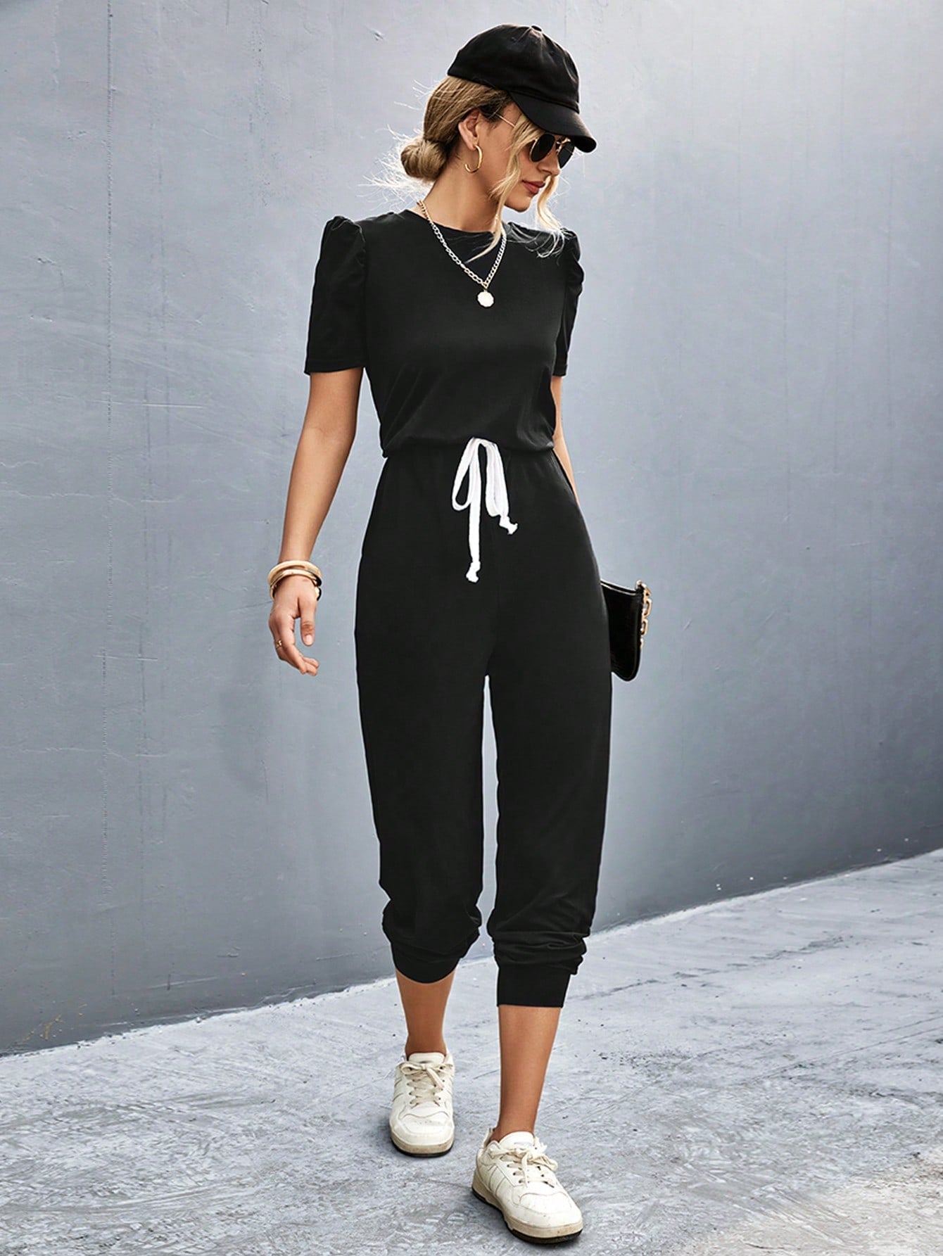 LUNE Puff Sleeve Knot Front Jumpsuit