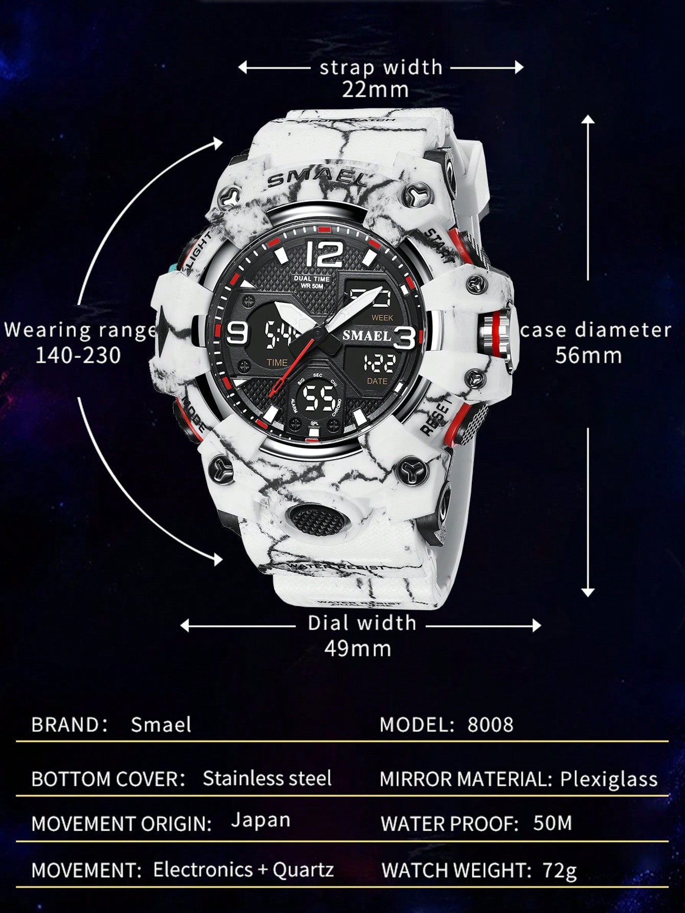 SMAEL 1pc Black Abstract Pattern TPU Strap Sporty Water Resistance Calendars Alarm Round Dial Digital Watch, For Daily Life