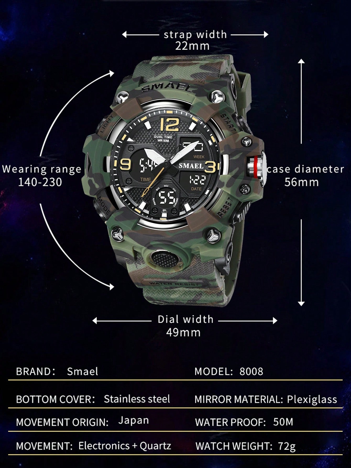 SMAEL 1pc Black Abstract Pattern TPU Strap Sporty Water Resistance Calendars Alarm Round Dial Digital Watch, For Daily Life