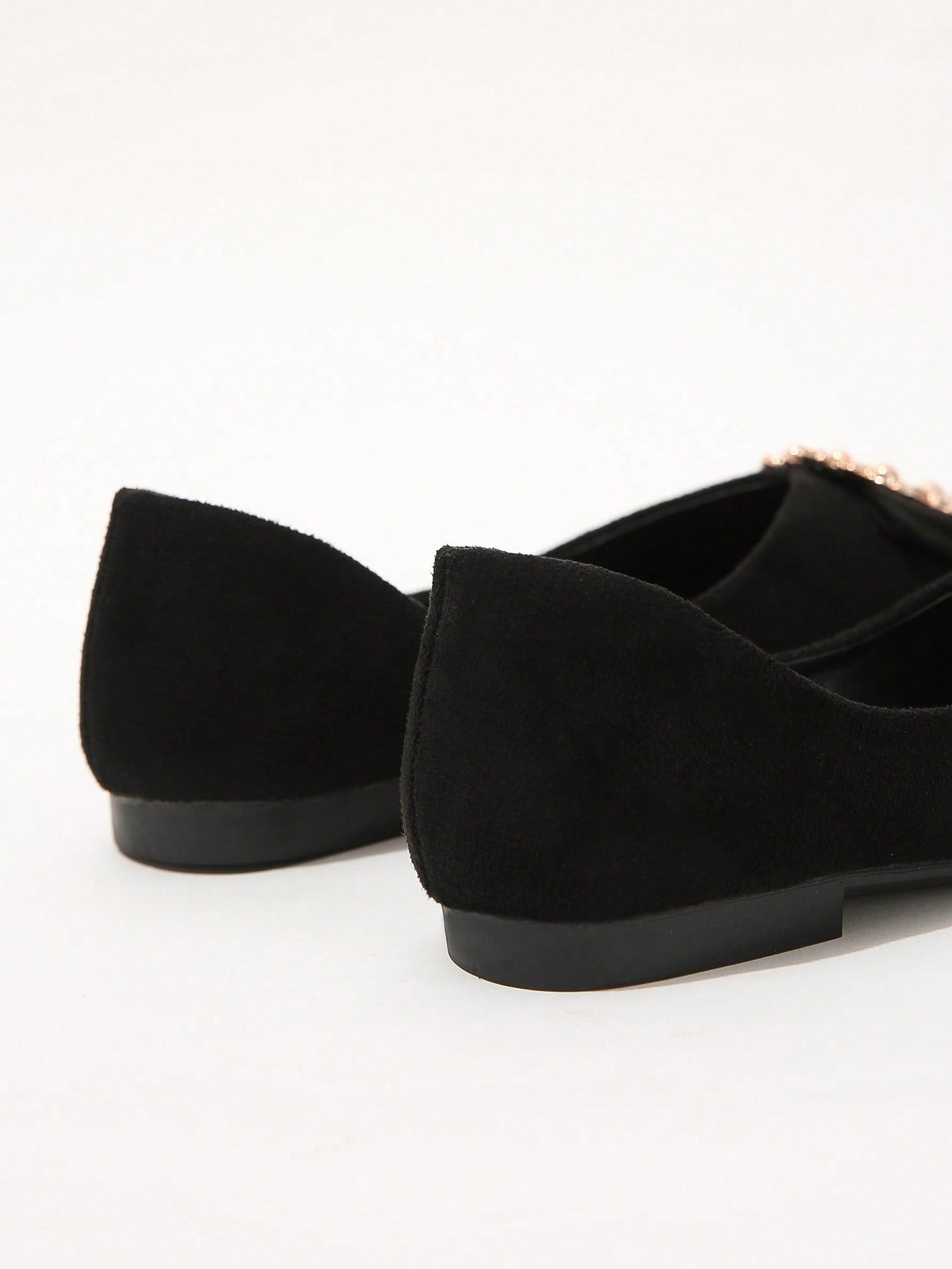 Women Black Faux Suede Metal Decor Point Toe Ballet Flats