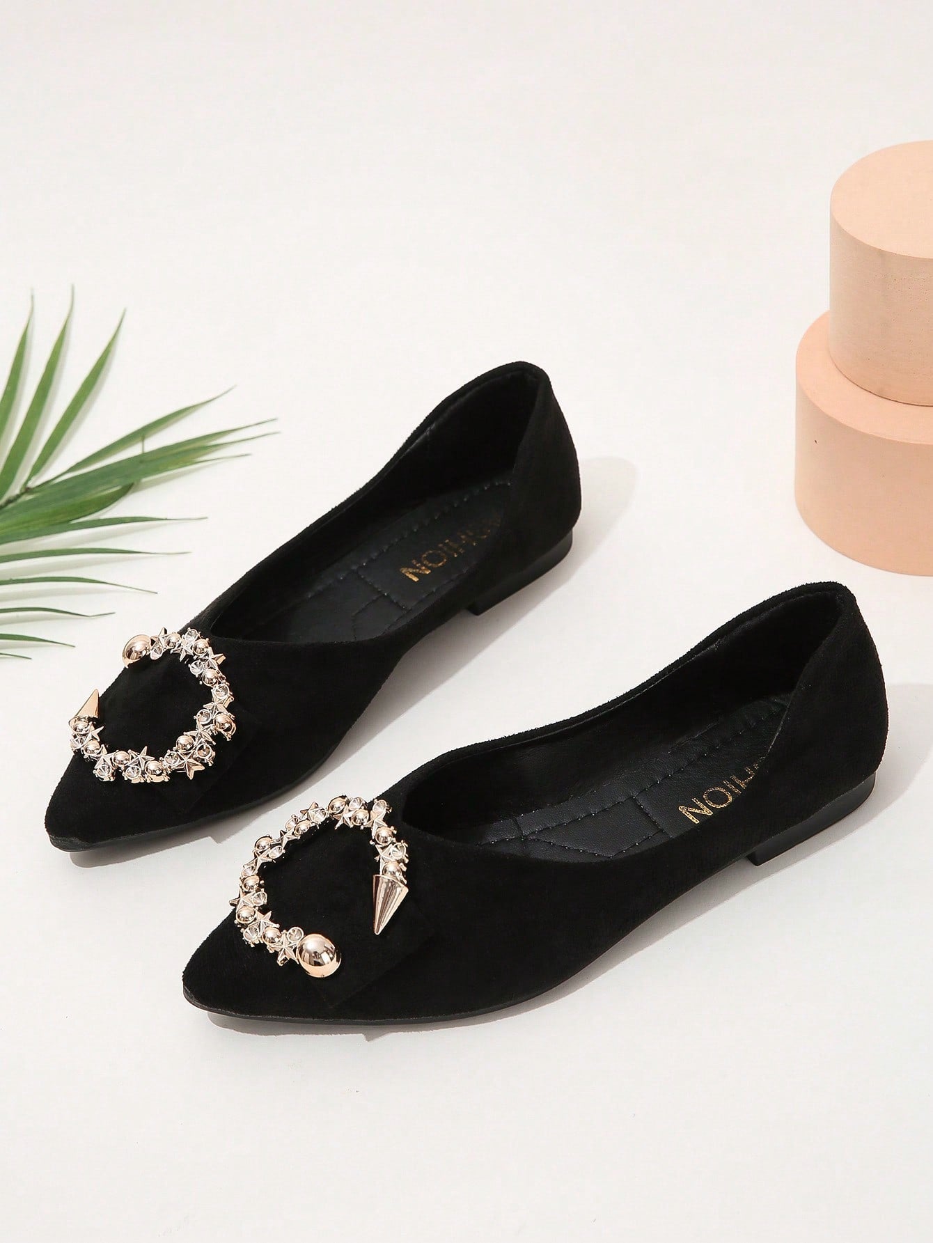 Women Black Faux Suede Metal Decor Point Toe Ballet Flats