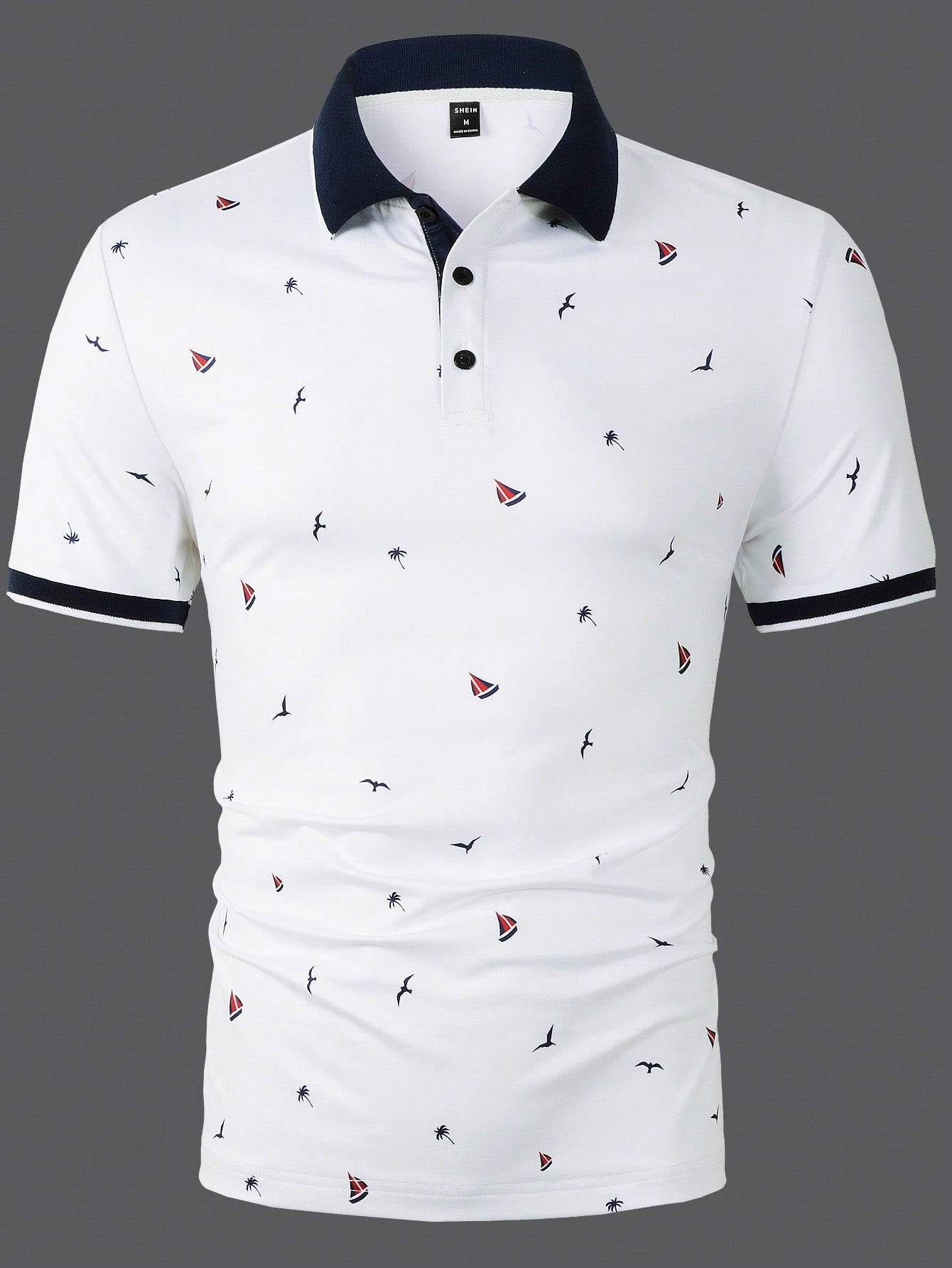 Manfinity Mode Men Coconut Tree & Ship Print Contrast Trim Polo Shirt