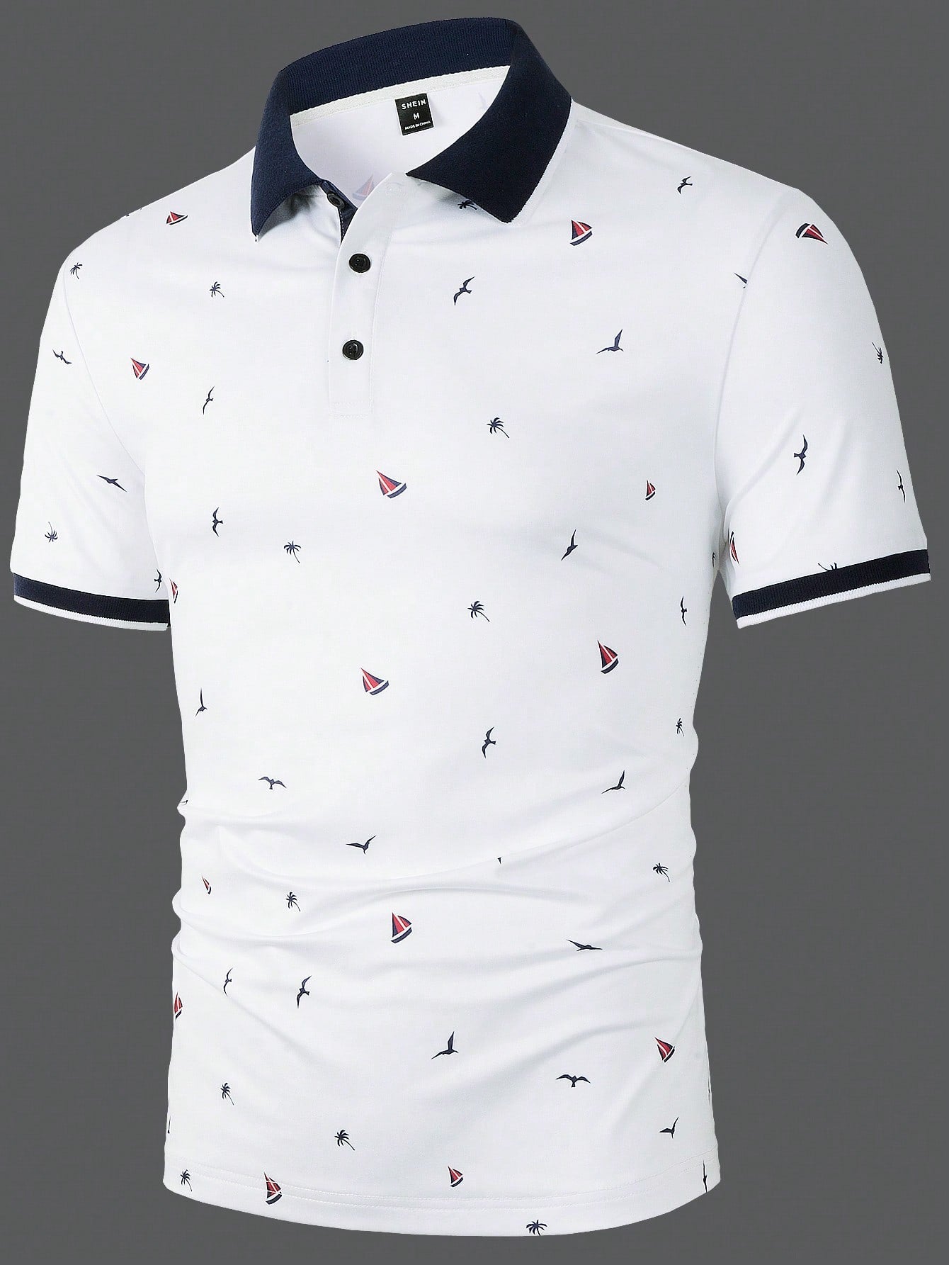 Manfinity Mode Men Coconut Tree & Ship Print Contrast Trim Polo Shirt