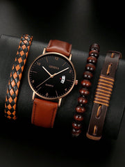 1pc Men Round Pointer Quartz Watch & 3pcs Bracelet