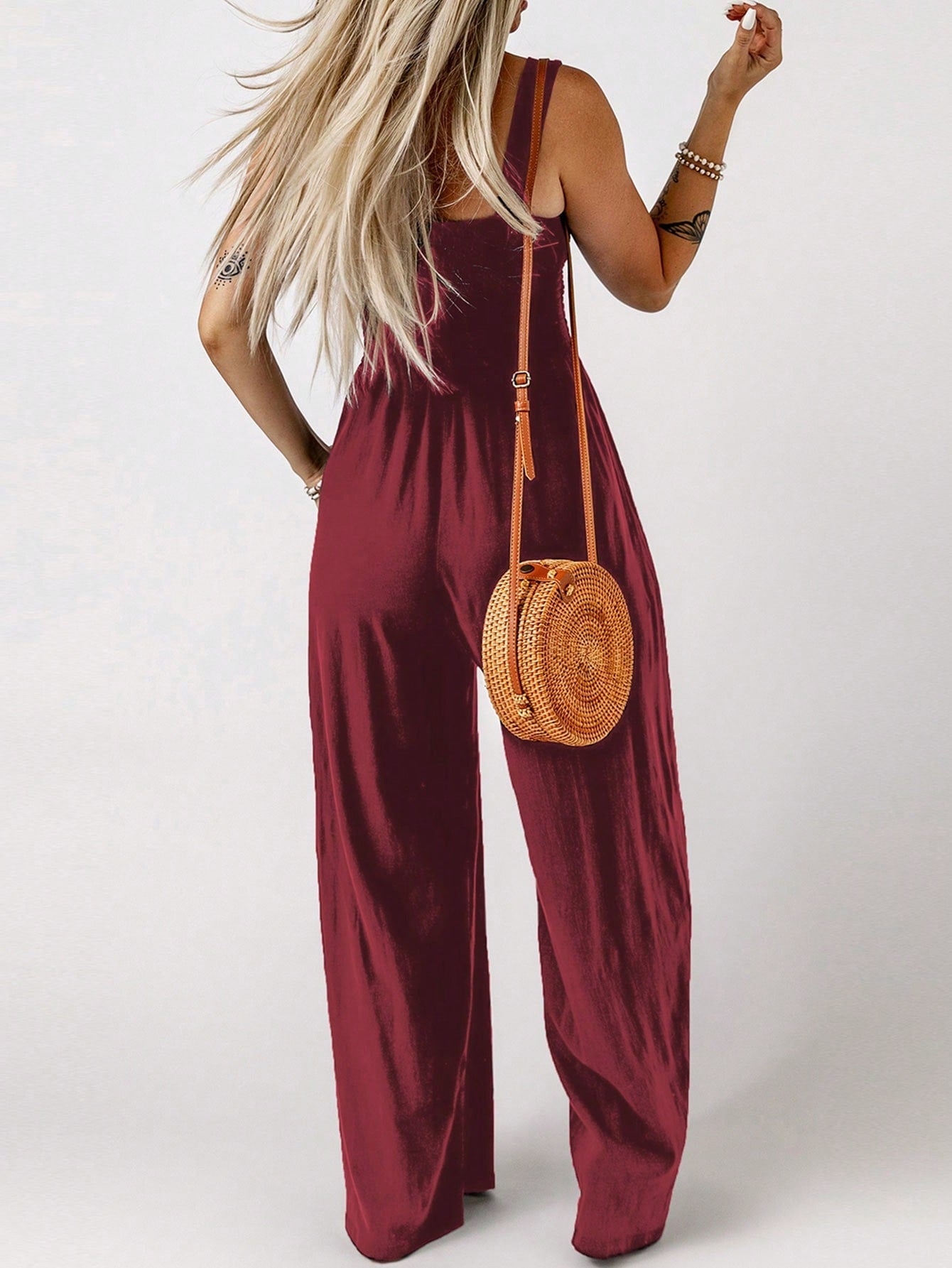 Acelitt Solid Slant Pocket Wide Leg Cami Jumpsuit