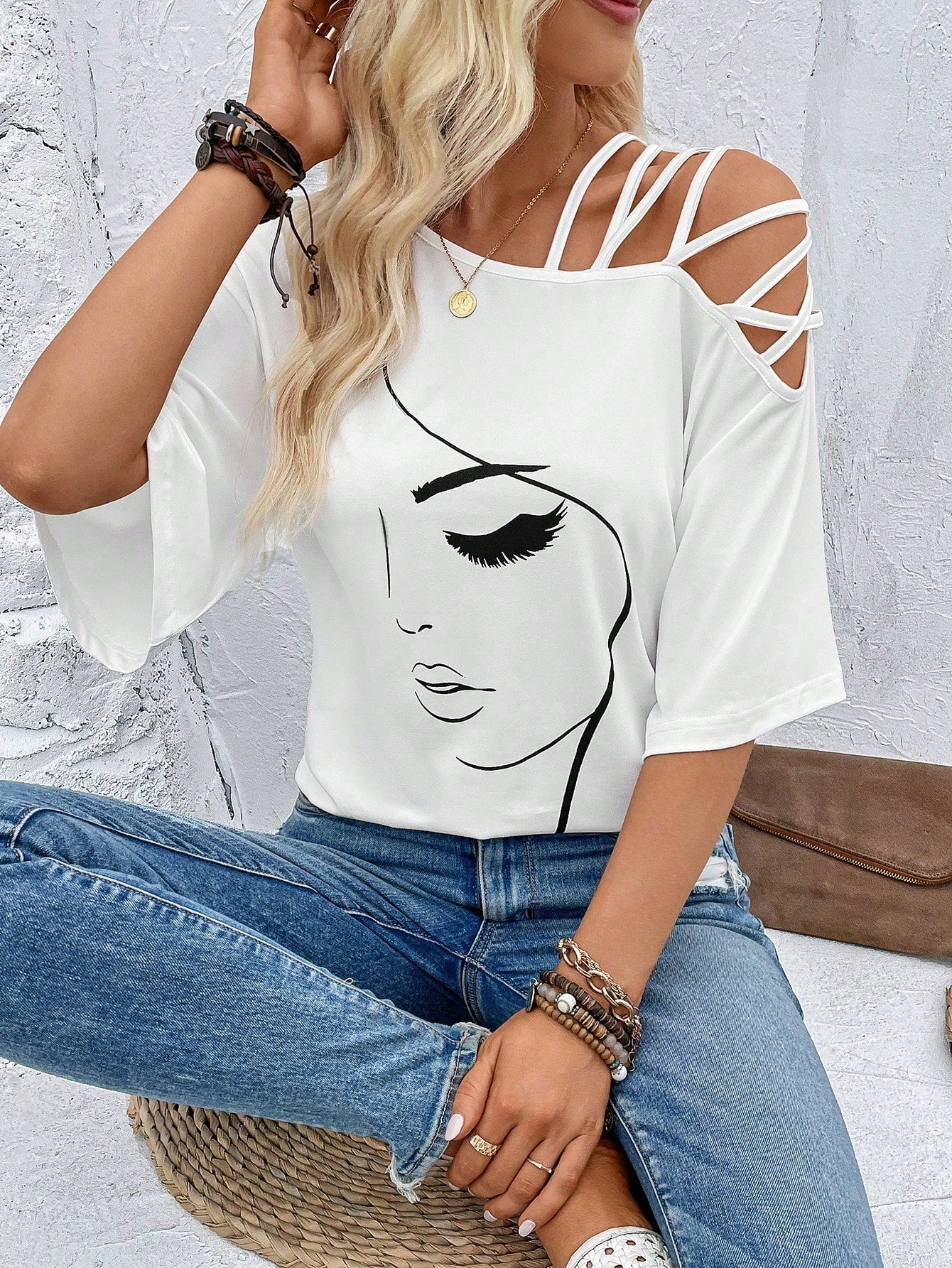 VCAY Figure Graphic Asymmetrical Neck Tee