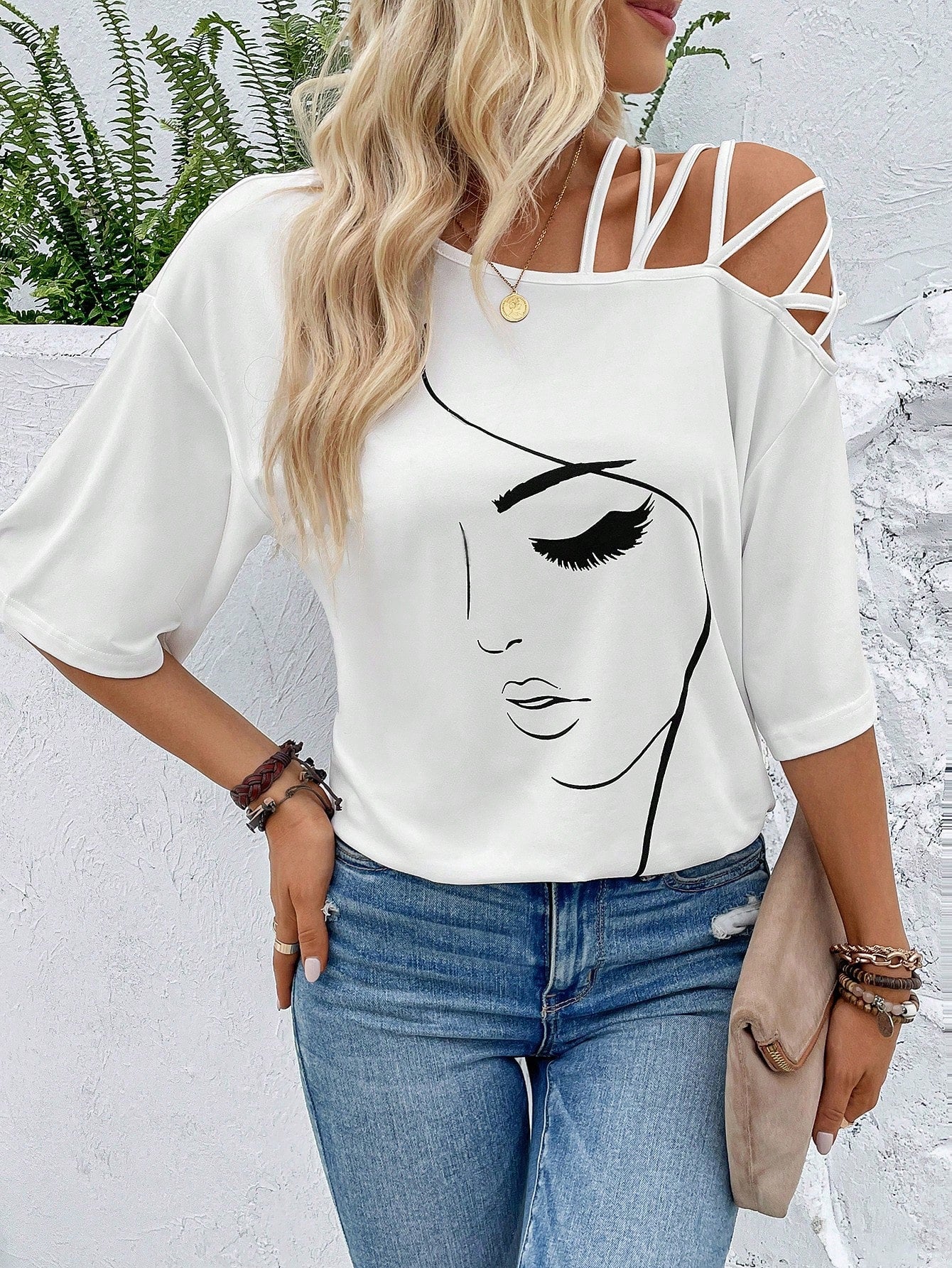 VCAY Figure Graphic Asymmetrical Neck Tee