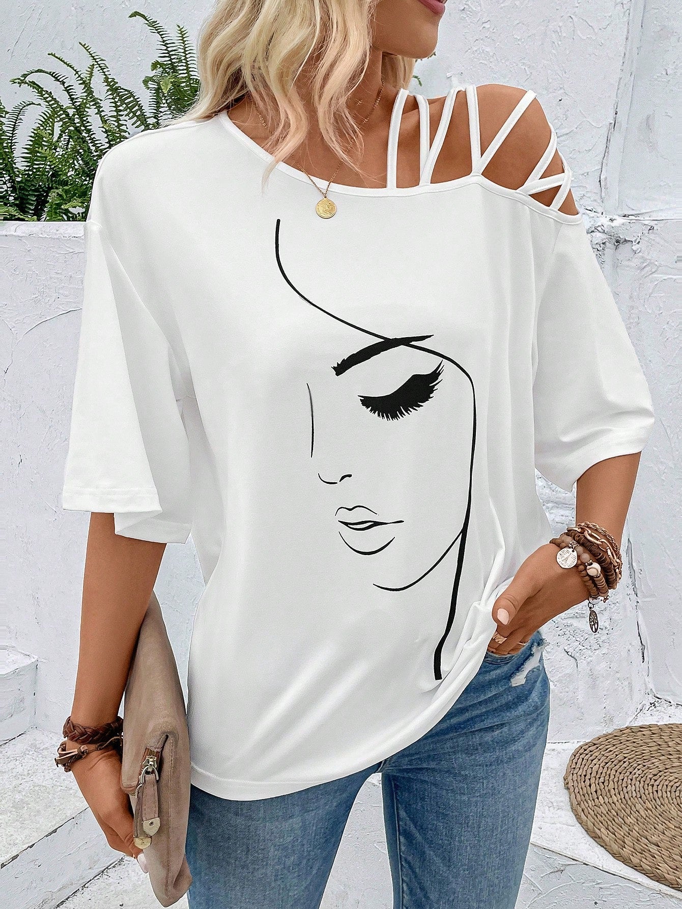 VCAY Figure Graphic Asymmetrical Neck Tee