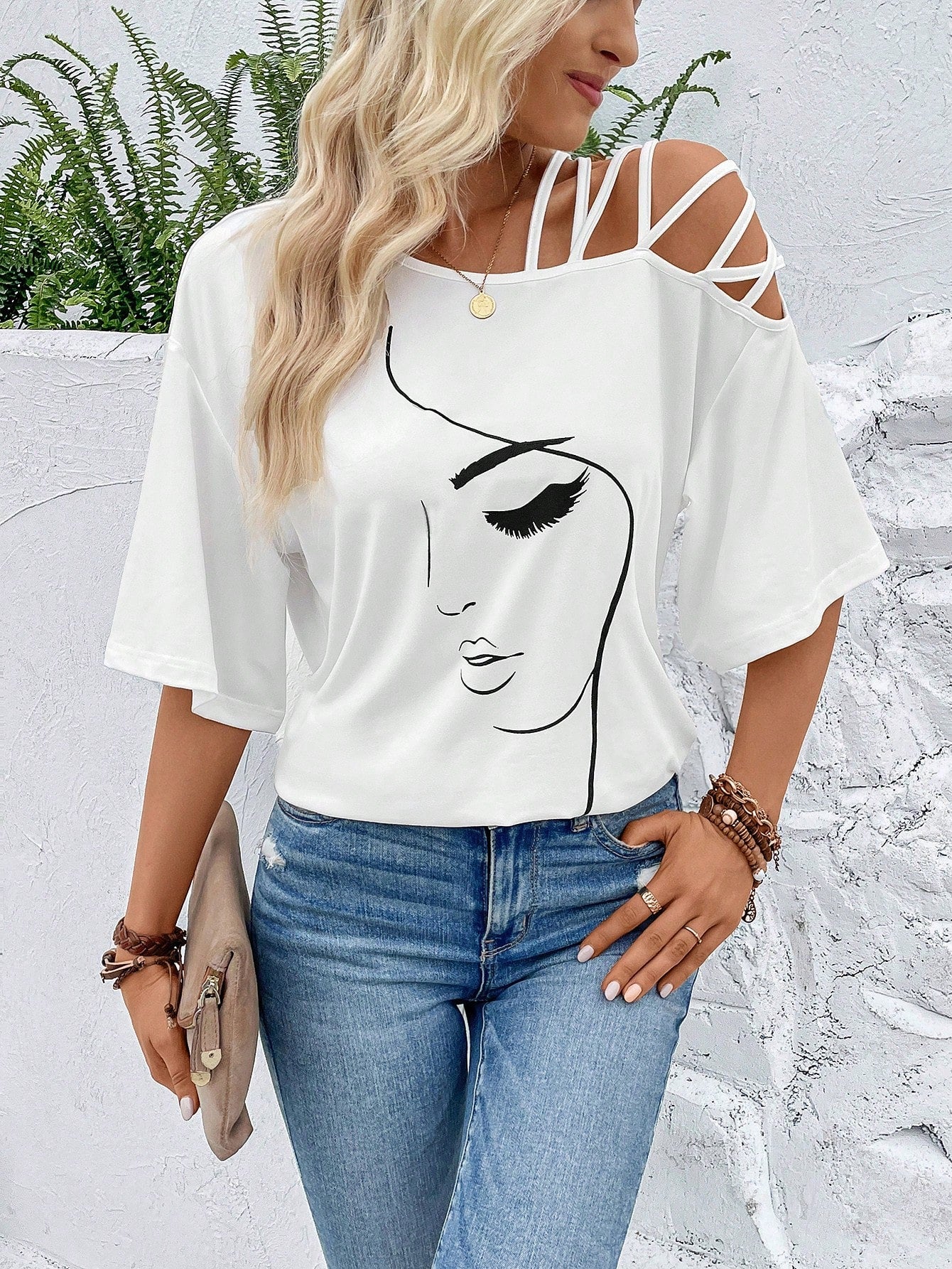 VCAY Figure Graphic Asymmetrical Neck Tee