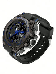 1pc Black TPU Strap Sporty Water Resistant Calendars Alarm Multi Time Zone Round Dial Digital Watch, For Daily Life