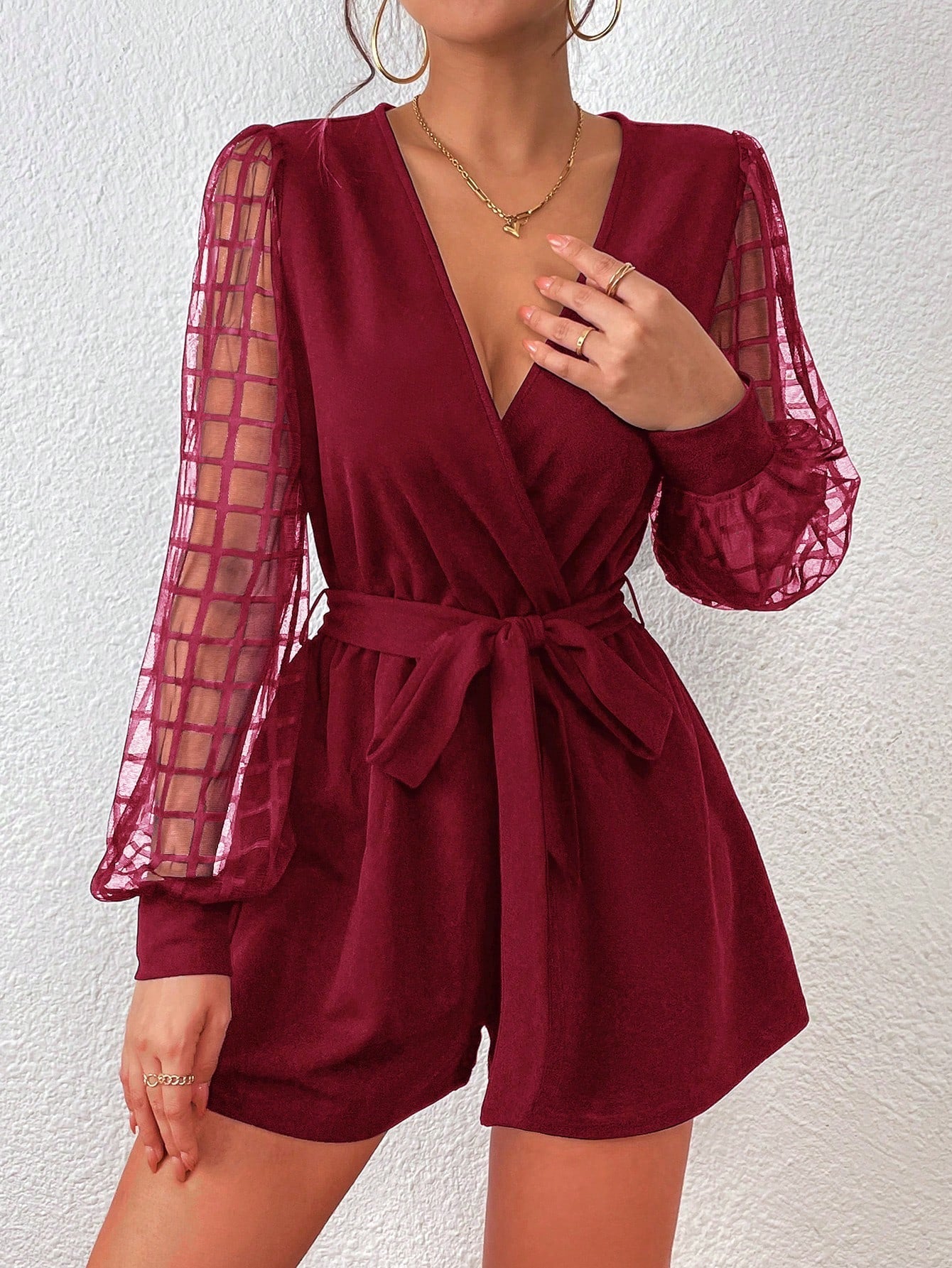 Privé Plaid Mesh Lantern Sleeve Overlap Collar Belted Romper