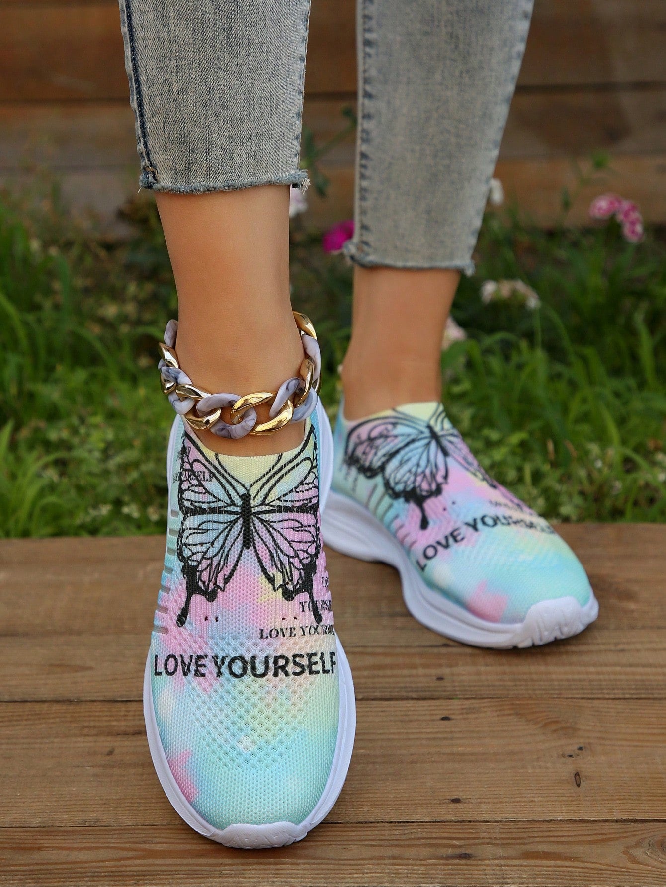 Women Slip On Butterfly & Slogan Graphic Running Shoes, Sporty Outdoor Fabric Sneakers