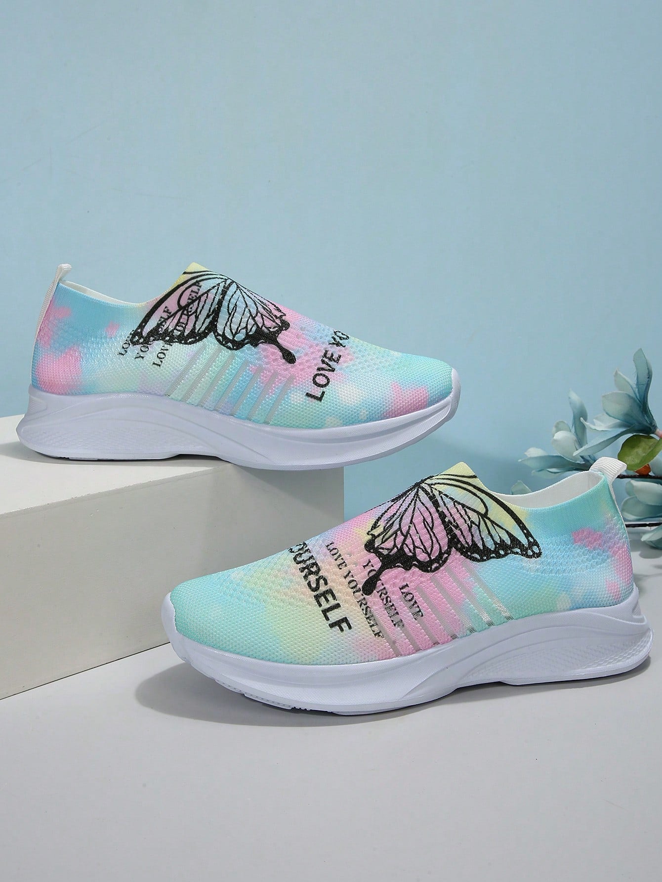 Women Slip On Butterfly & Slogan Graphic Running Shoes, Sporty Outdoor Fabric Sneakers