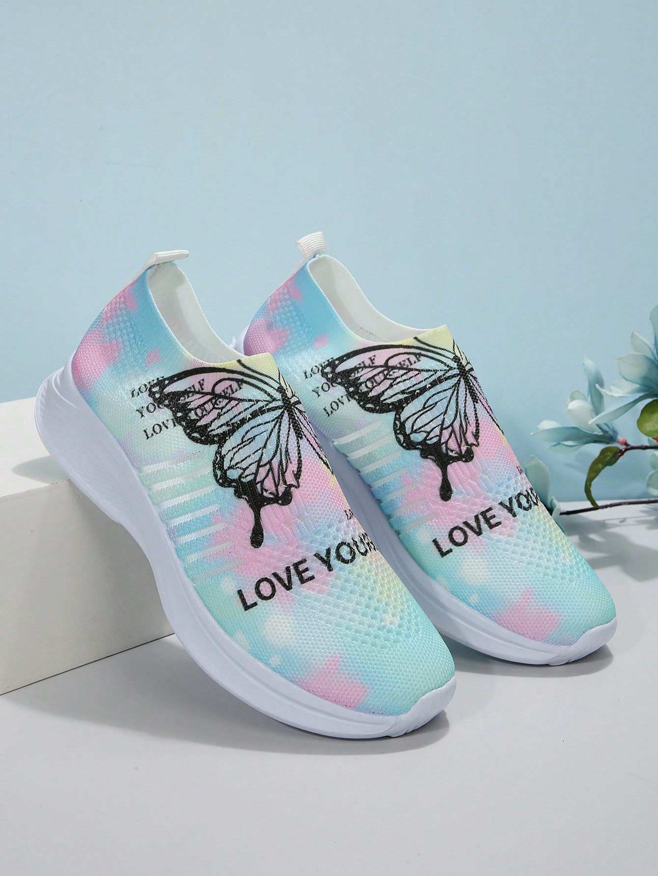 Women Slip On Butterfly & Slogan Graphic Running Shoes, Sporty Outdoor Fabric Sneakers