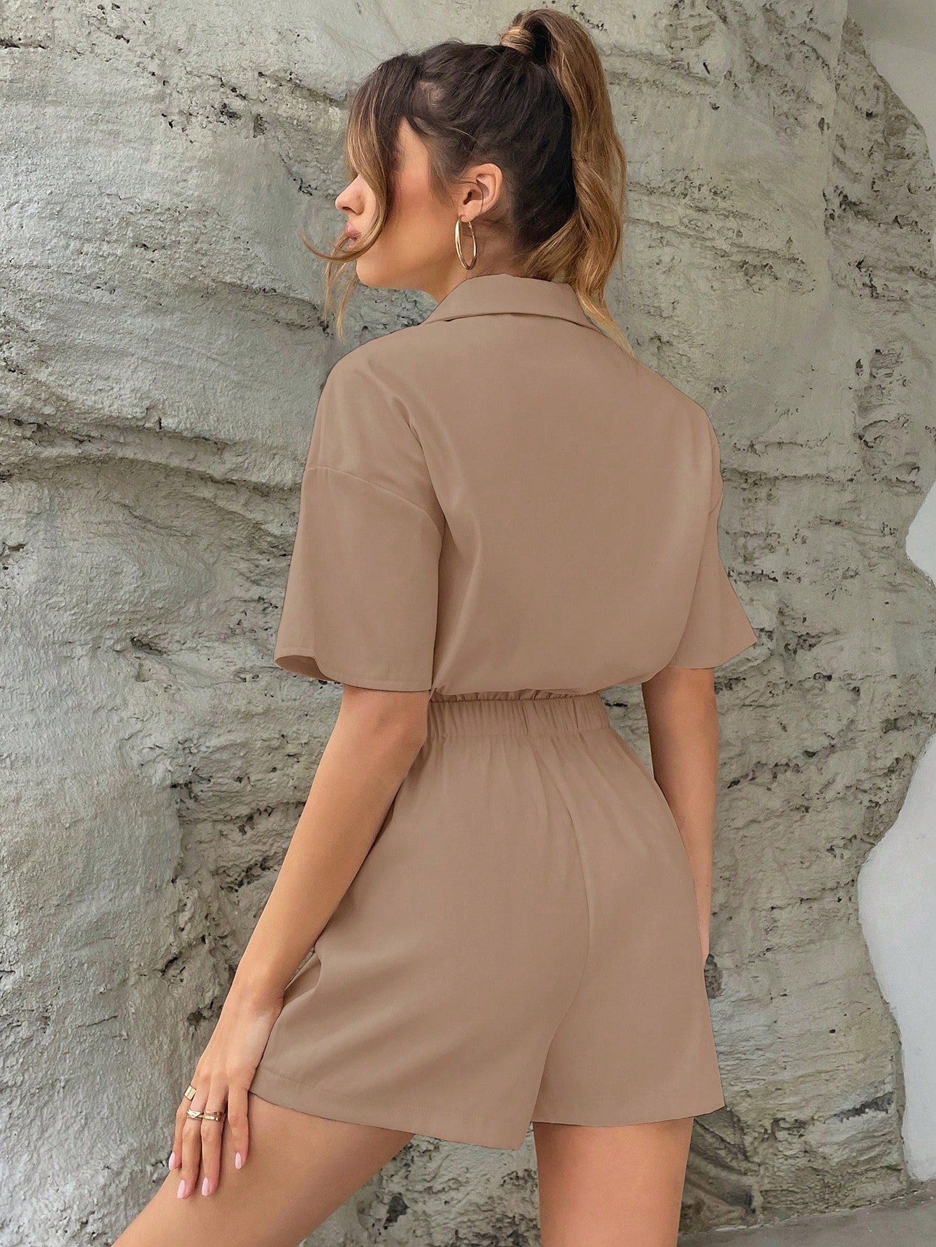 Buttoned Front Pocket Patched Shirt Romper